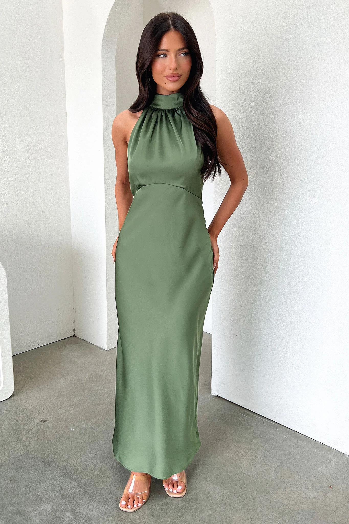 Daphne High Neck Maxi Dress - Olive