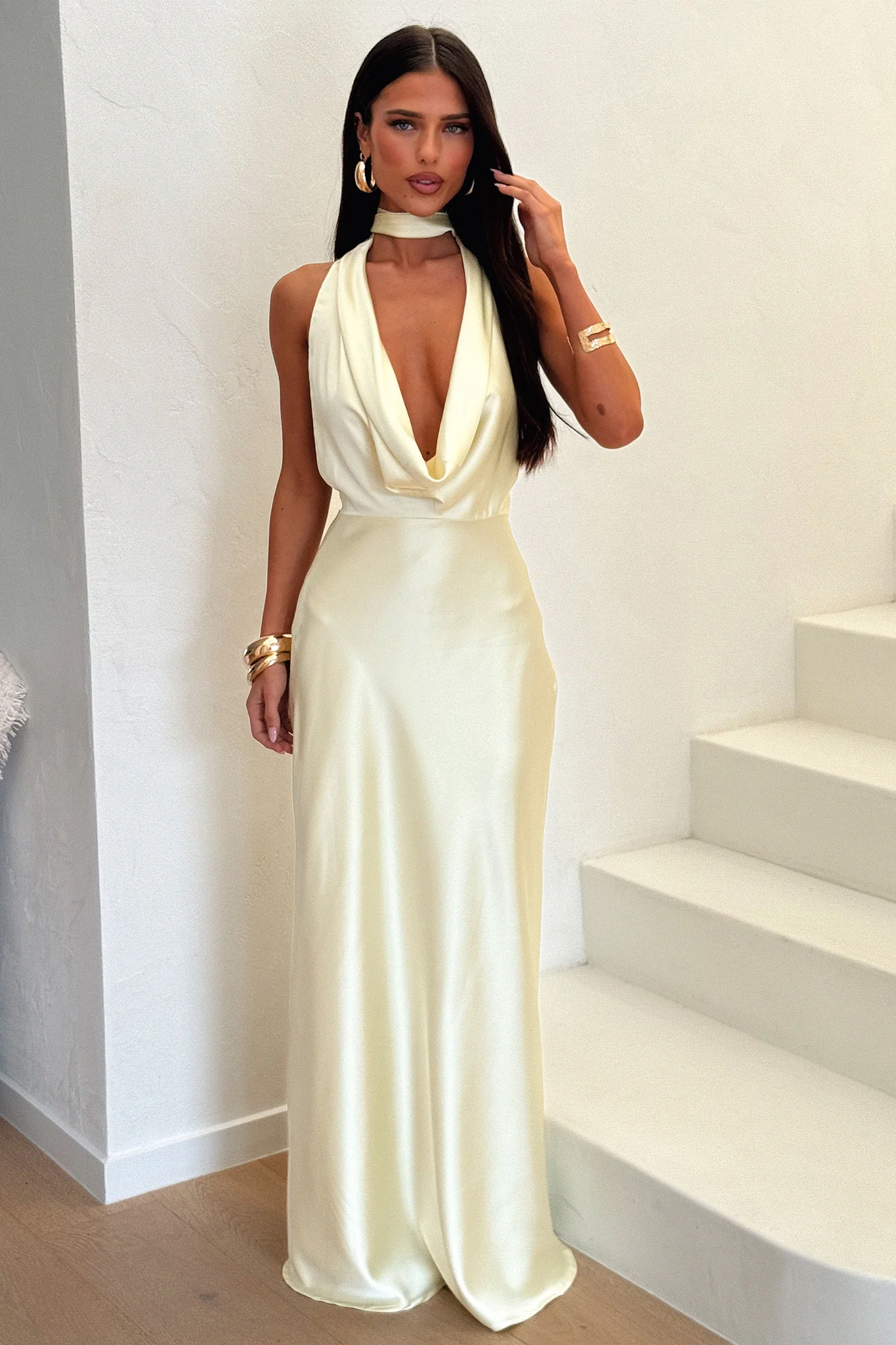 Zealand Plunge Halter Satin Maxi Dress - Yellow