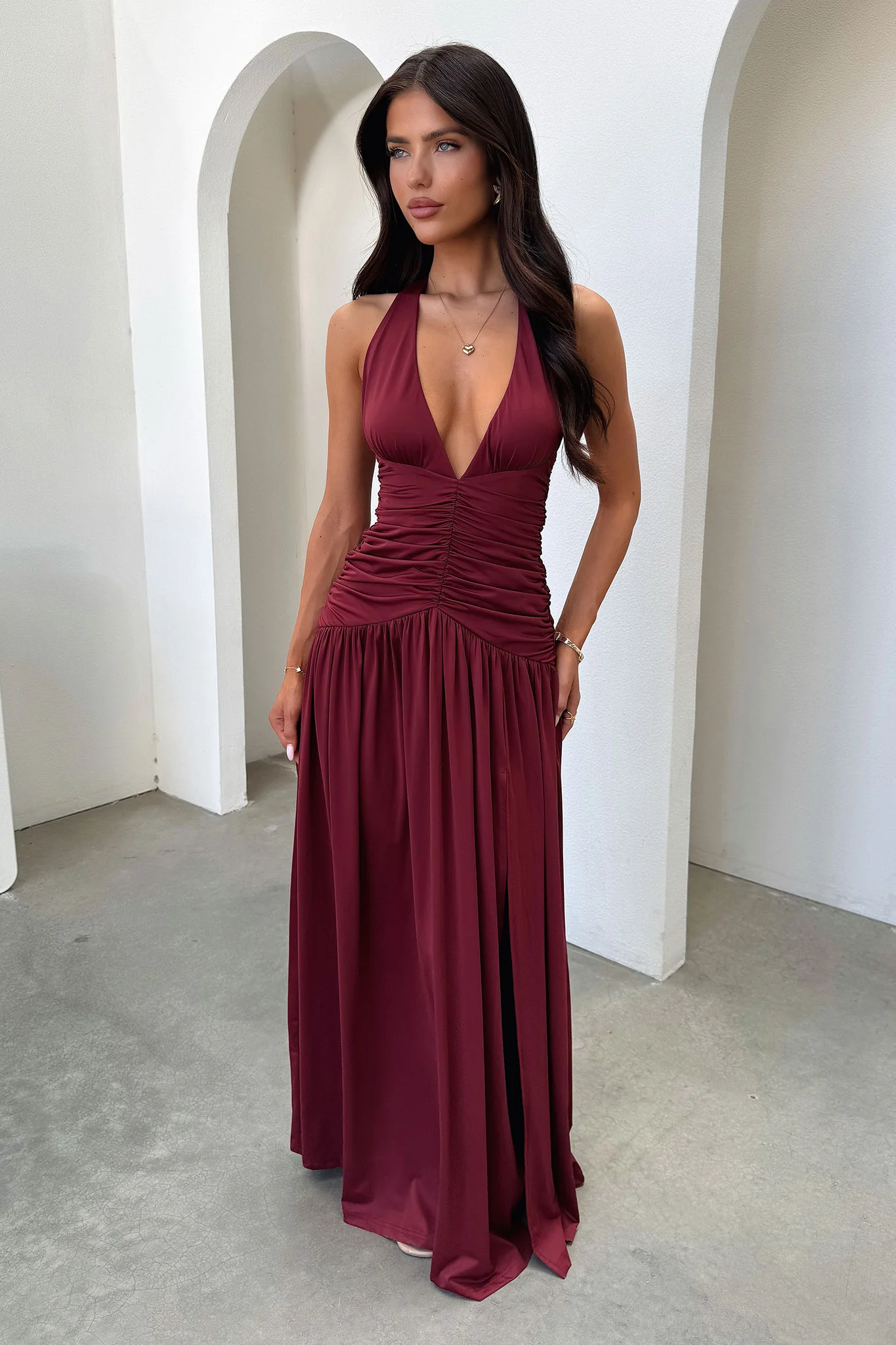 Ginevra Ruched Halter Maxi Dress - Burgundy