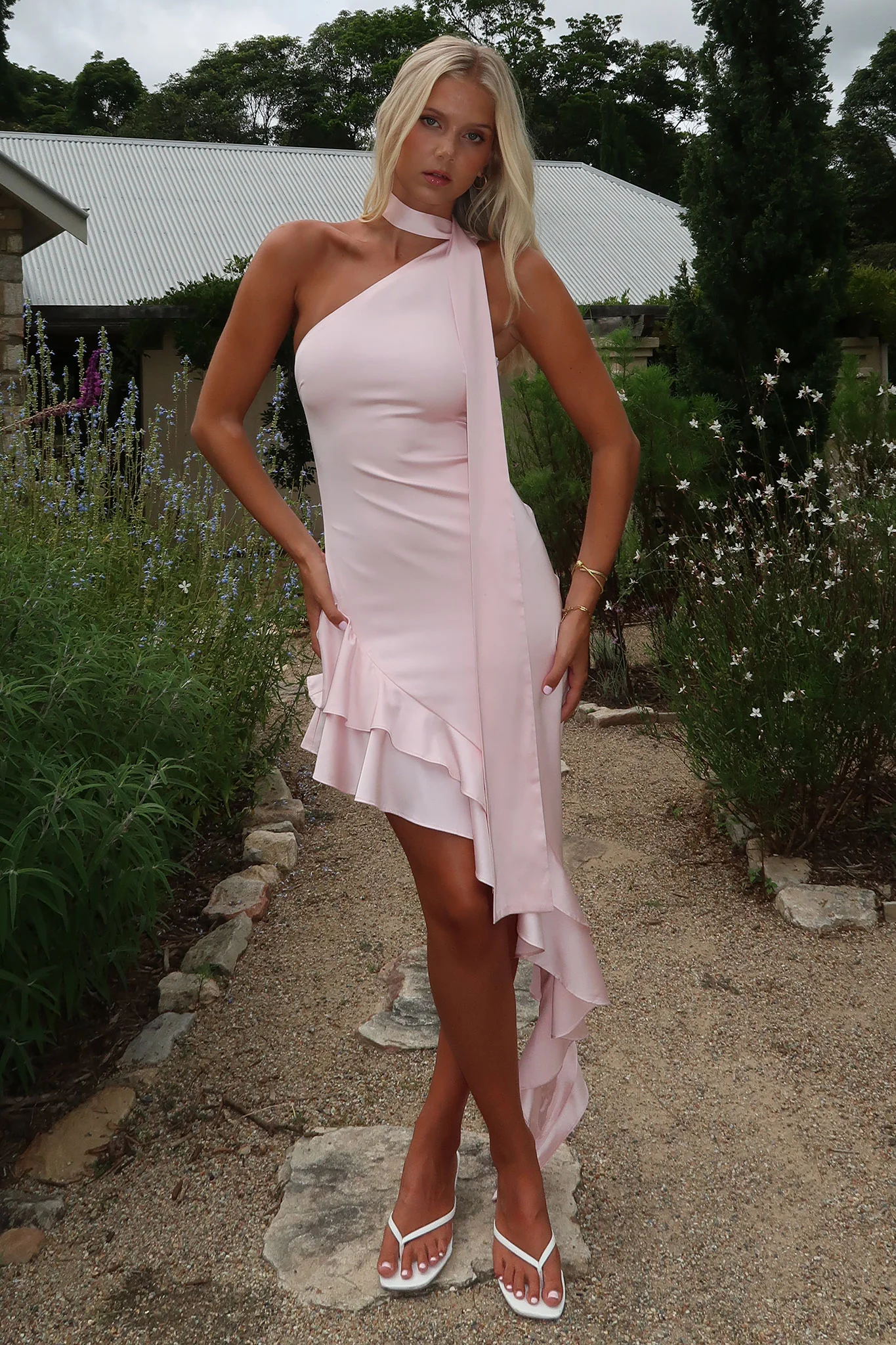 Kara One Shoulder Satin Maxi Dress - Pink