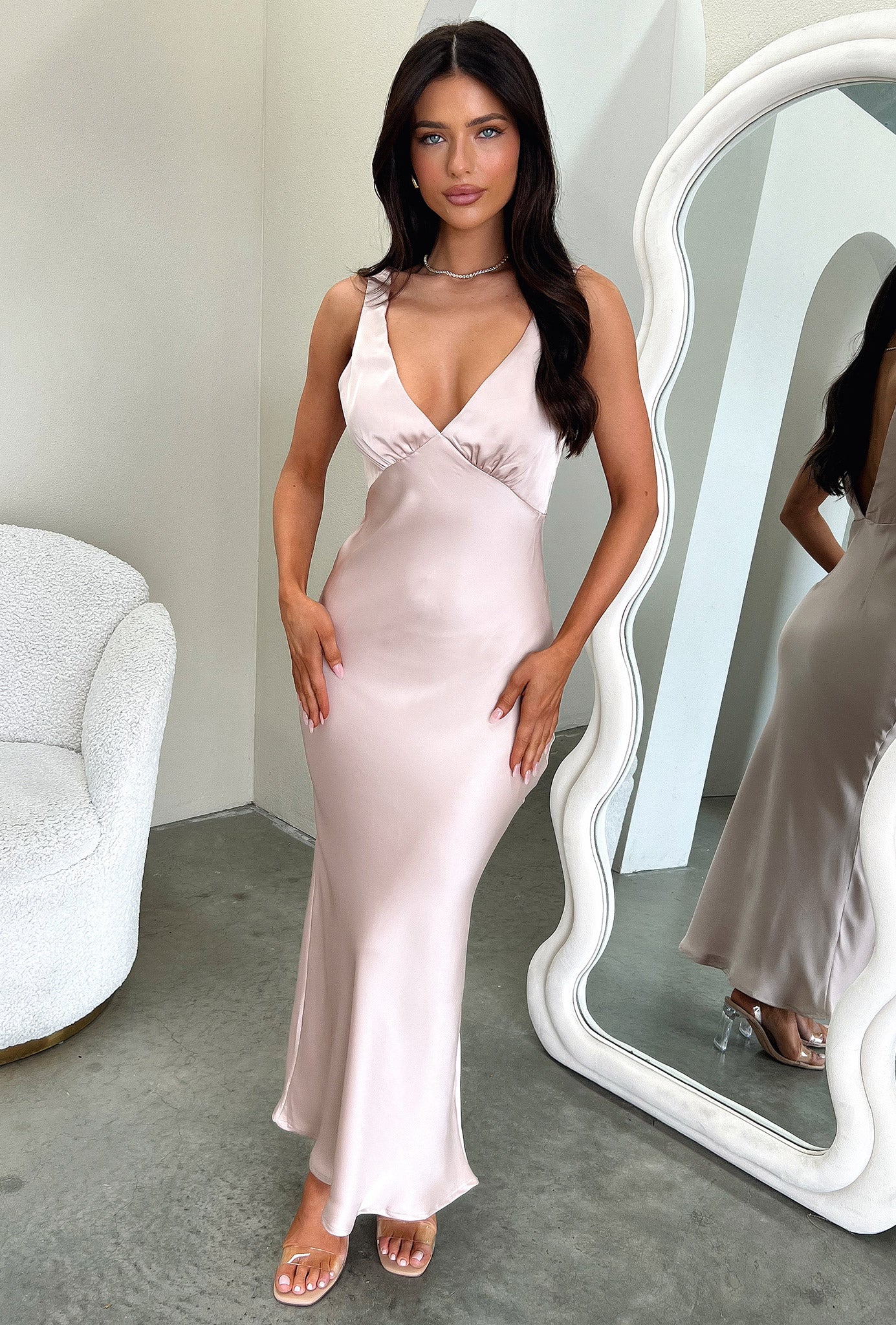 Delayne V-Neck Satin Midi Dress - Champagne