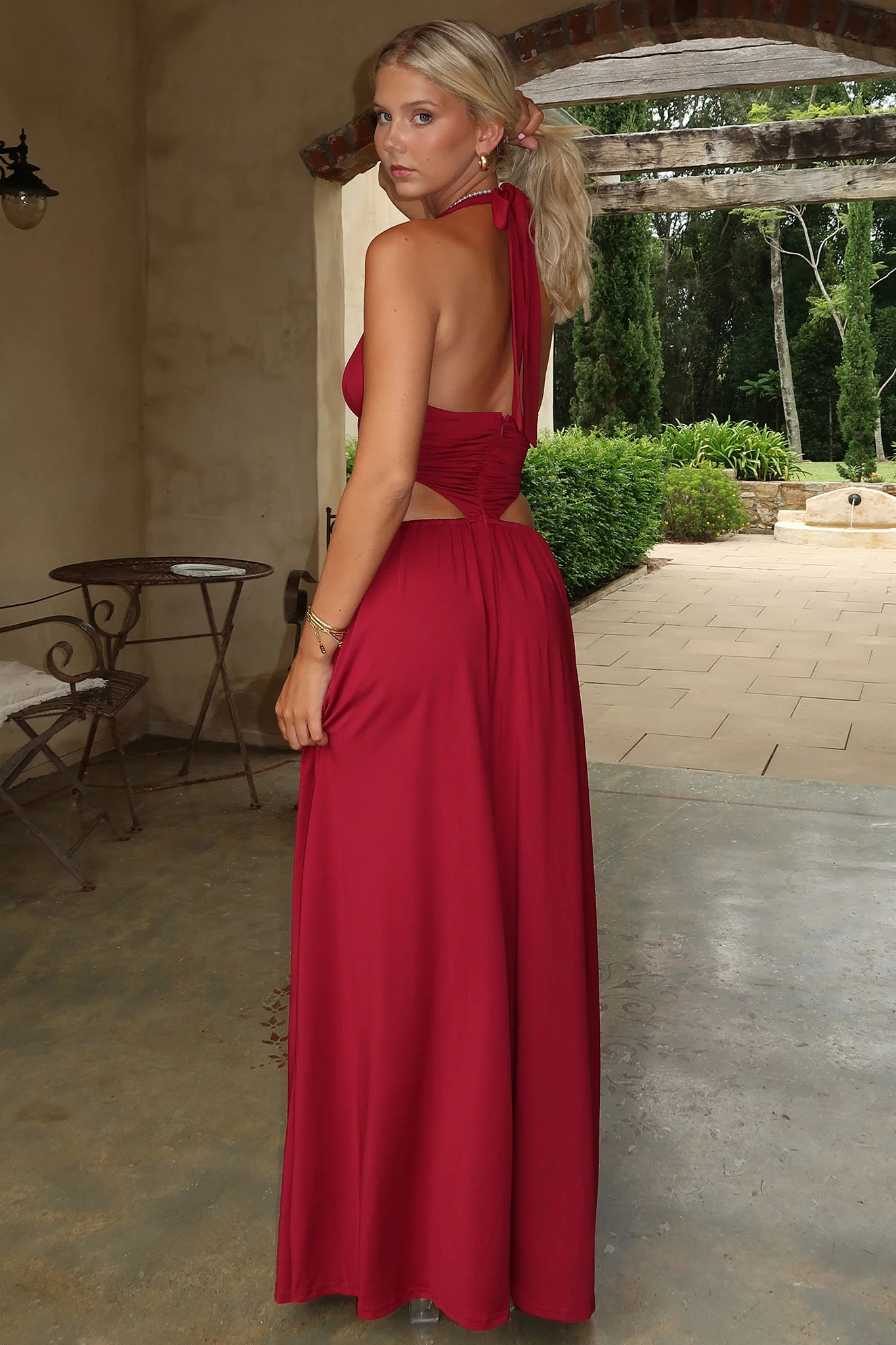 Soraya Plunge Halter Neck Maxi Dress - Burgundy