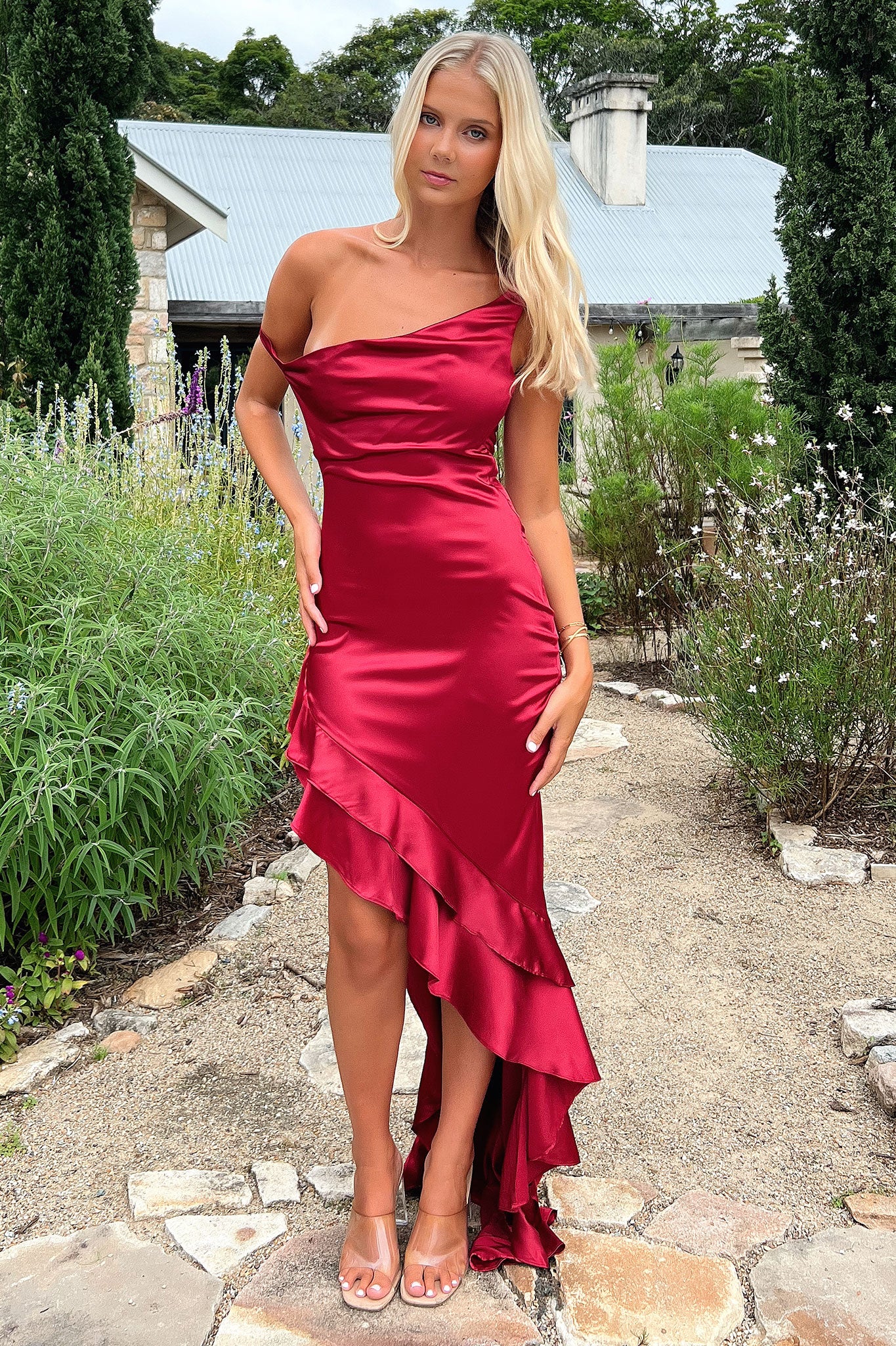 Daenerys Off Shoulder Satin Maxi Dress - Burgundy