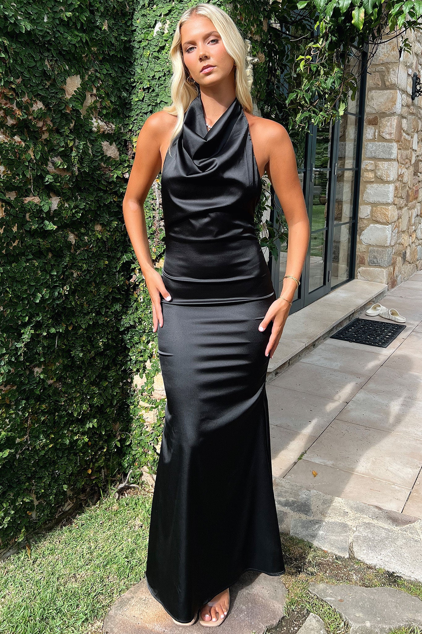 Corwin Open Back Satin Maxi Dress - Black