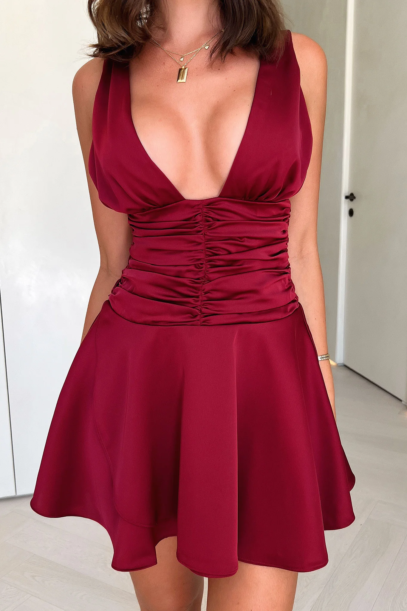 Jane Satin Mini Dress - Burgundy