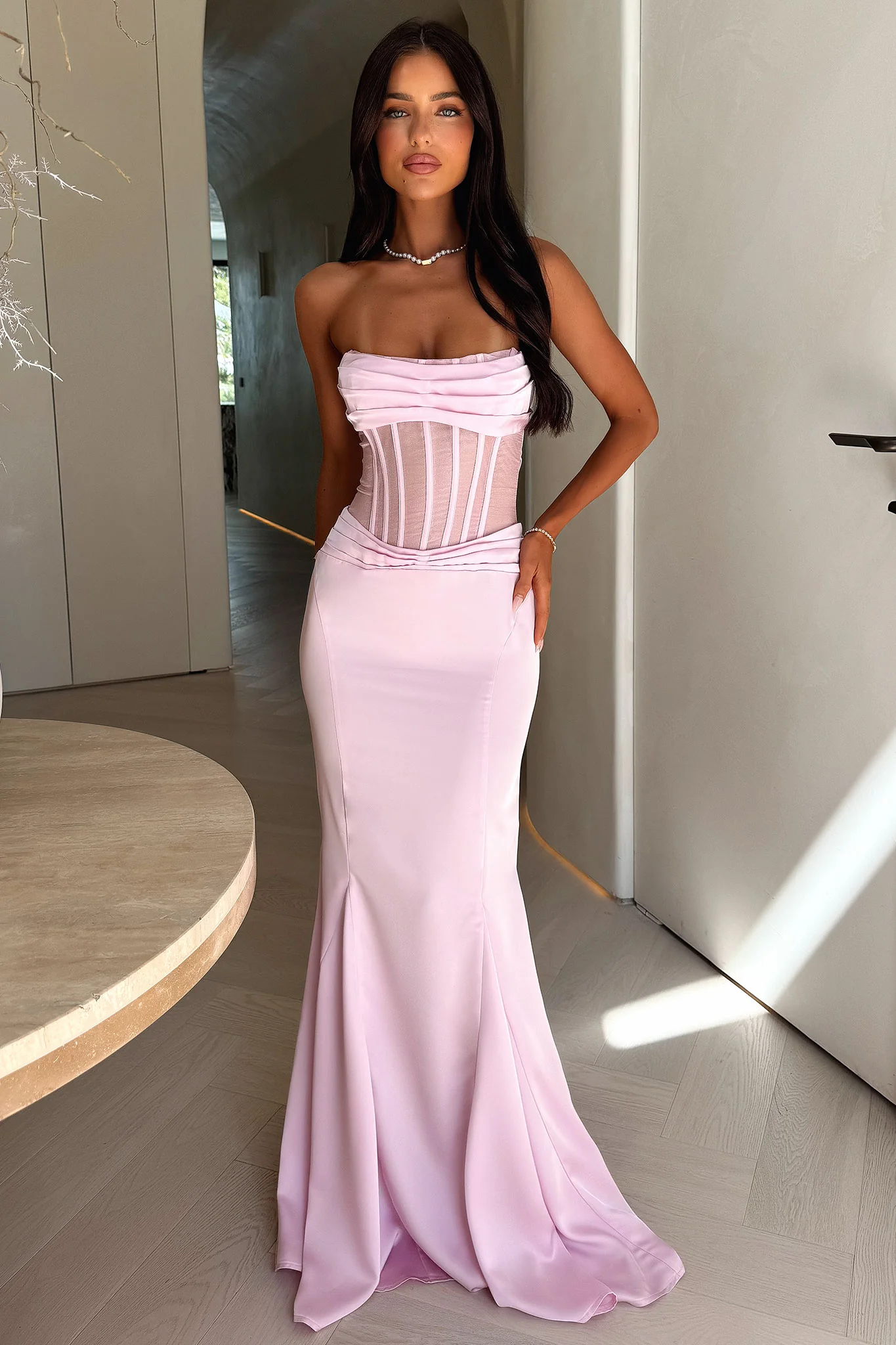 Aderyn Satin Corset Maxi Dress - Pink