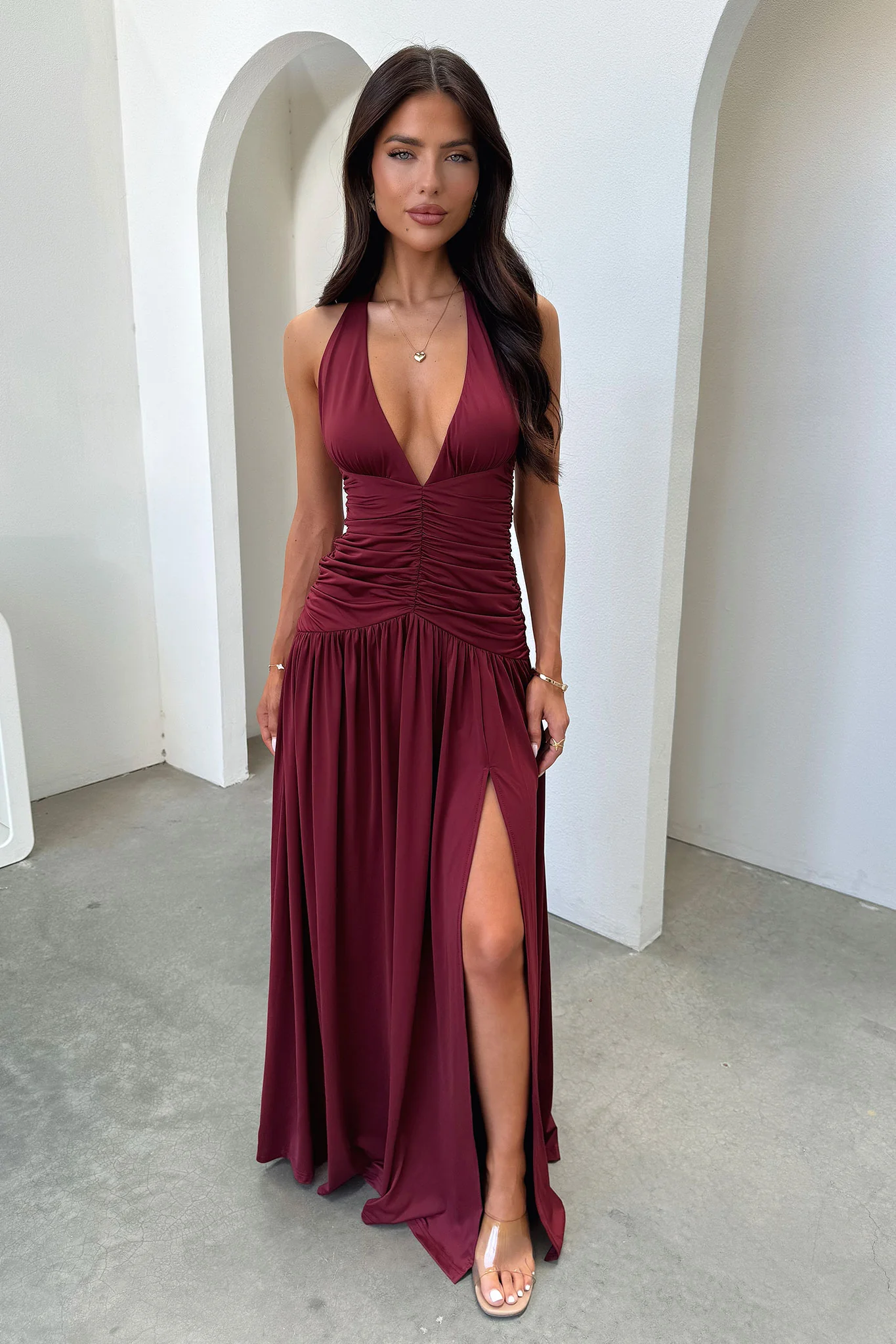 Ginevra Ruched Halter Maxi Dress - Burgundy