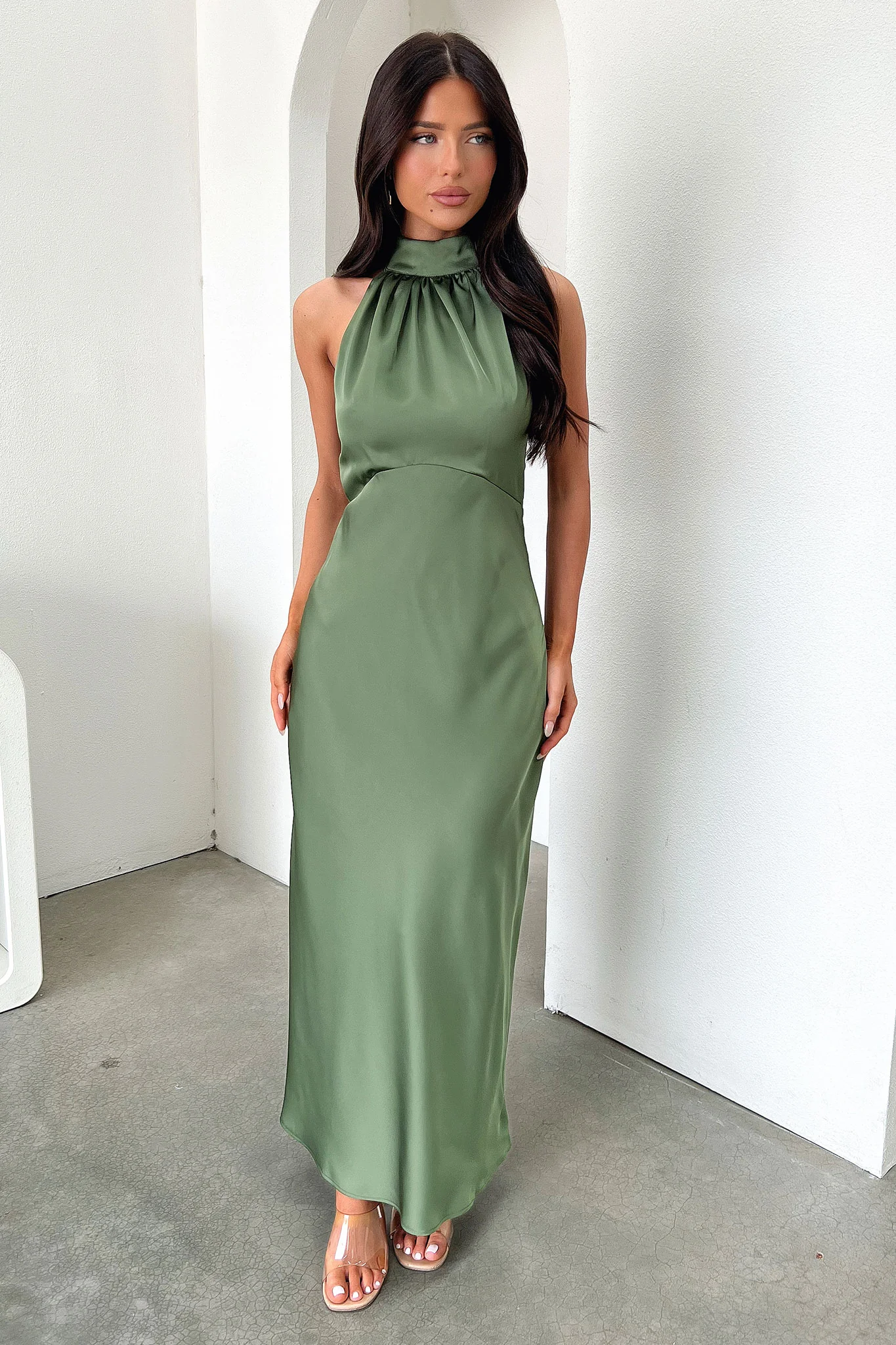 Daphne High Neck Maxi Dress - Olive
