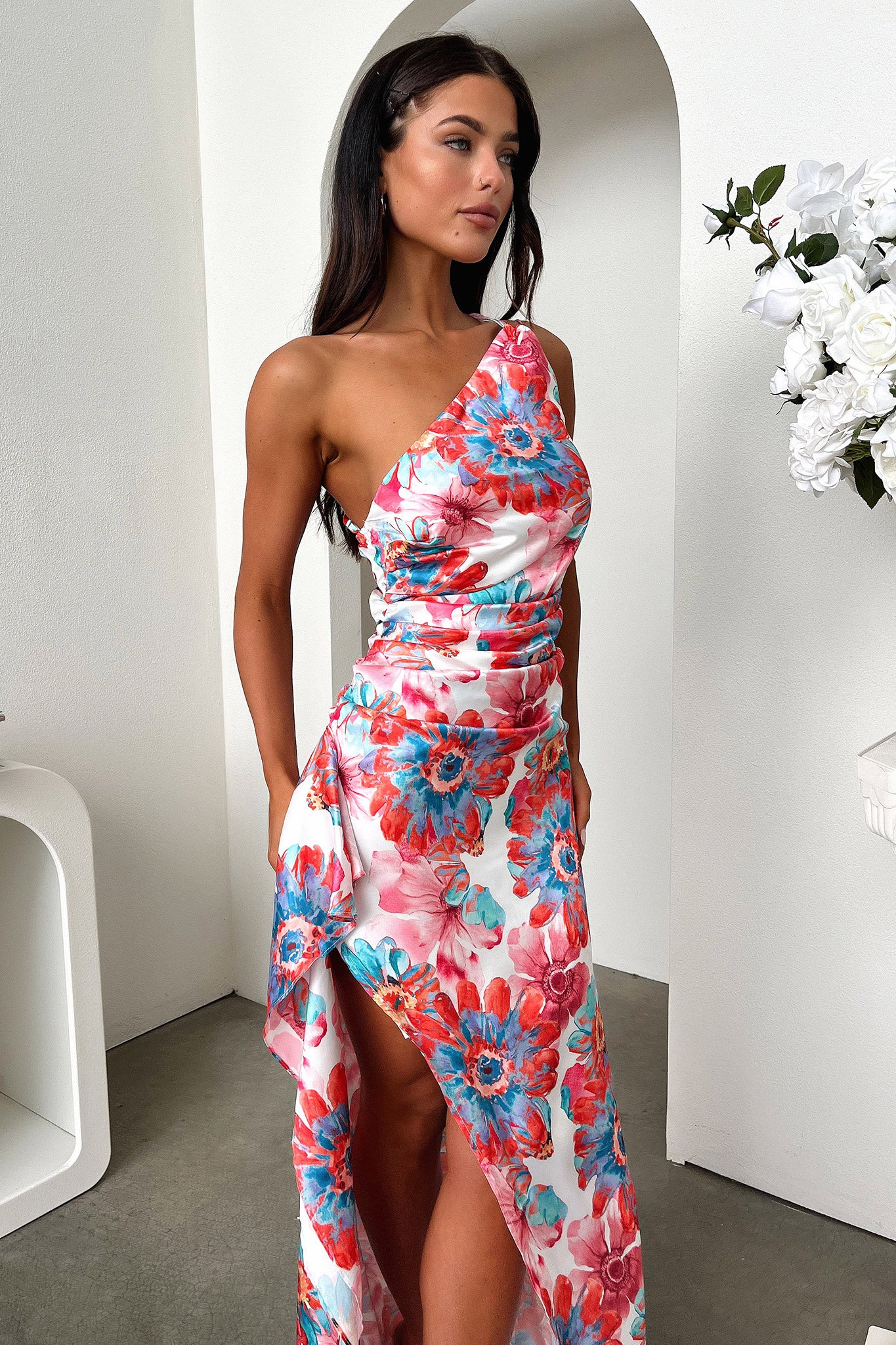 Elianna One Shoulder Satin Maxi Dress - Pink Floral