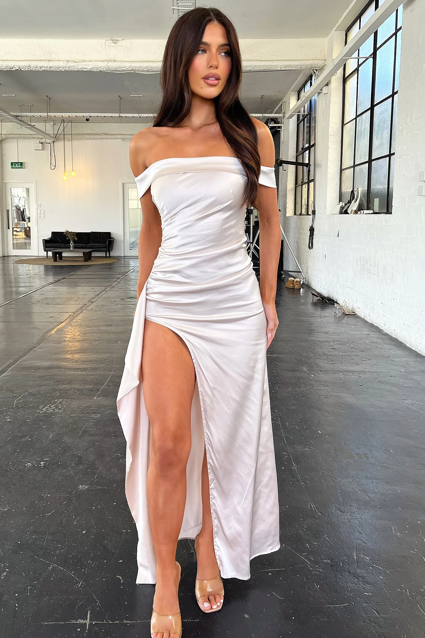 Saoirse Off Shoulder Satin Maxi Dress - Champagne
