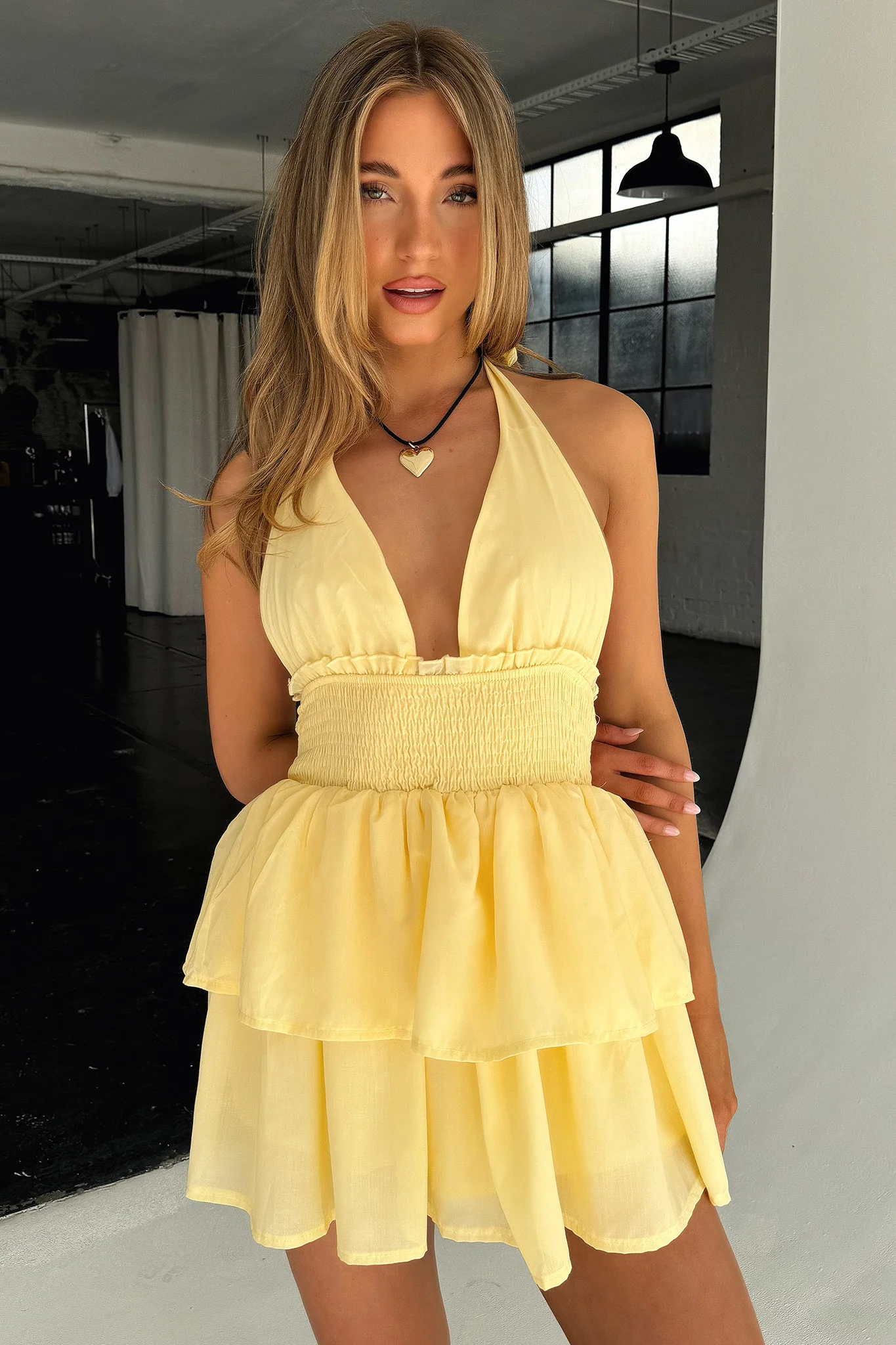 April Tiered Halter Mini Dress - Yellow