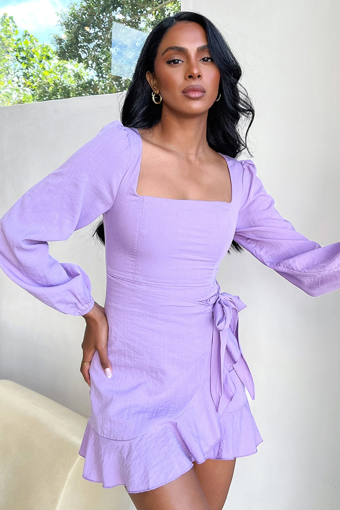 Silvana Long Sleeve Wrap Mini Dress - Lilac
