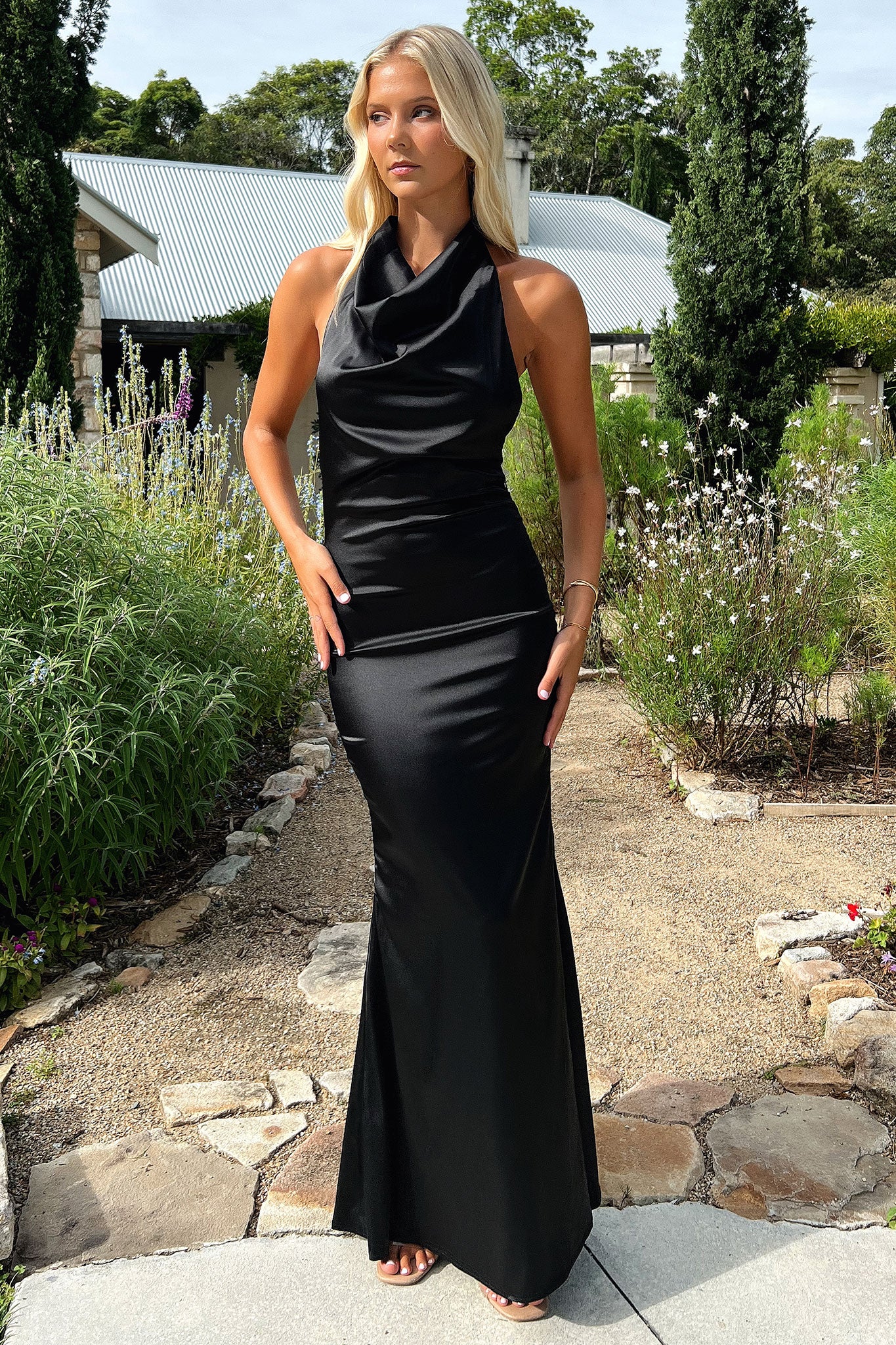 Corwin Open Back Satin Maxi Dress - Black
