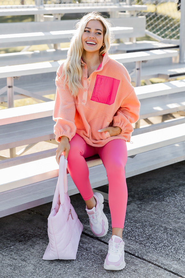 Catch Yourself Orange and Pink Sherpa Button Pullover