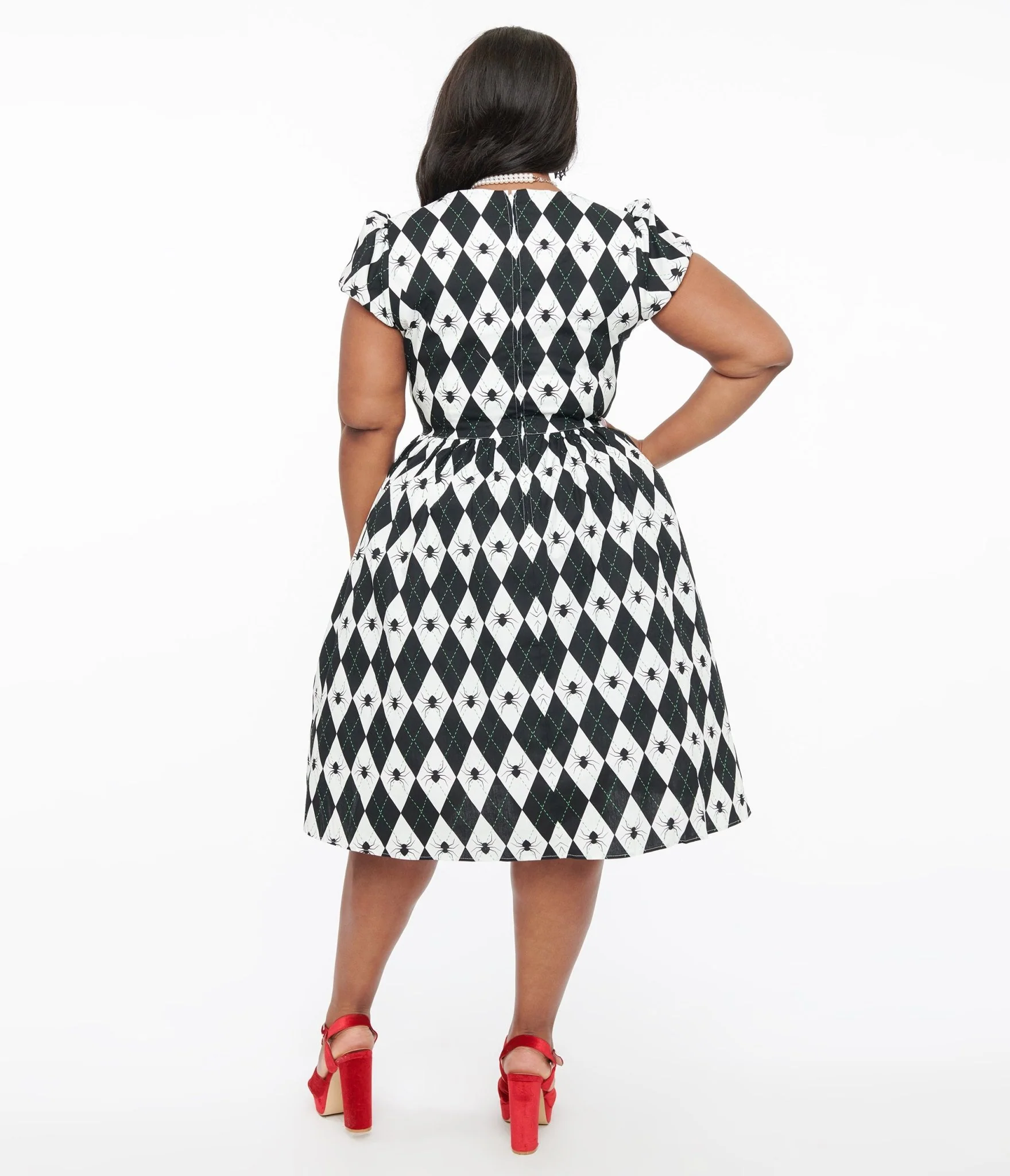 Hell Bunny Plus Size Black & White Argyle Spider Print Regina Fit & Flare Dress