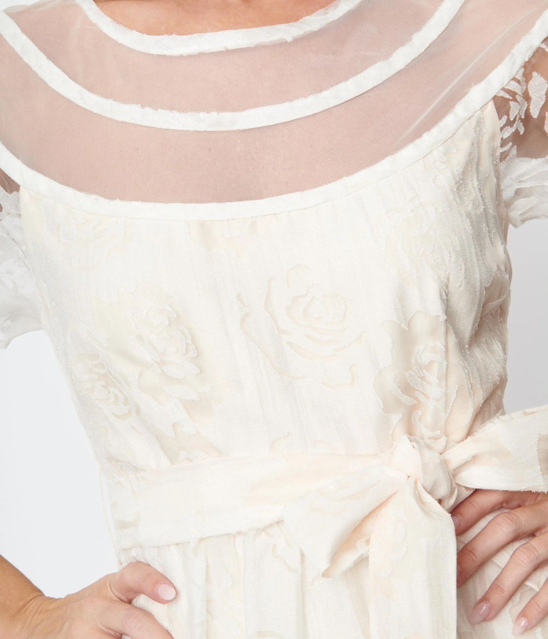 Unique Vintage White Burnout Rose Flare Dress