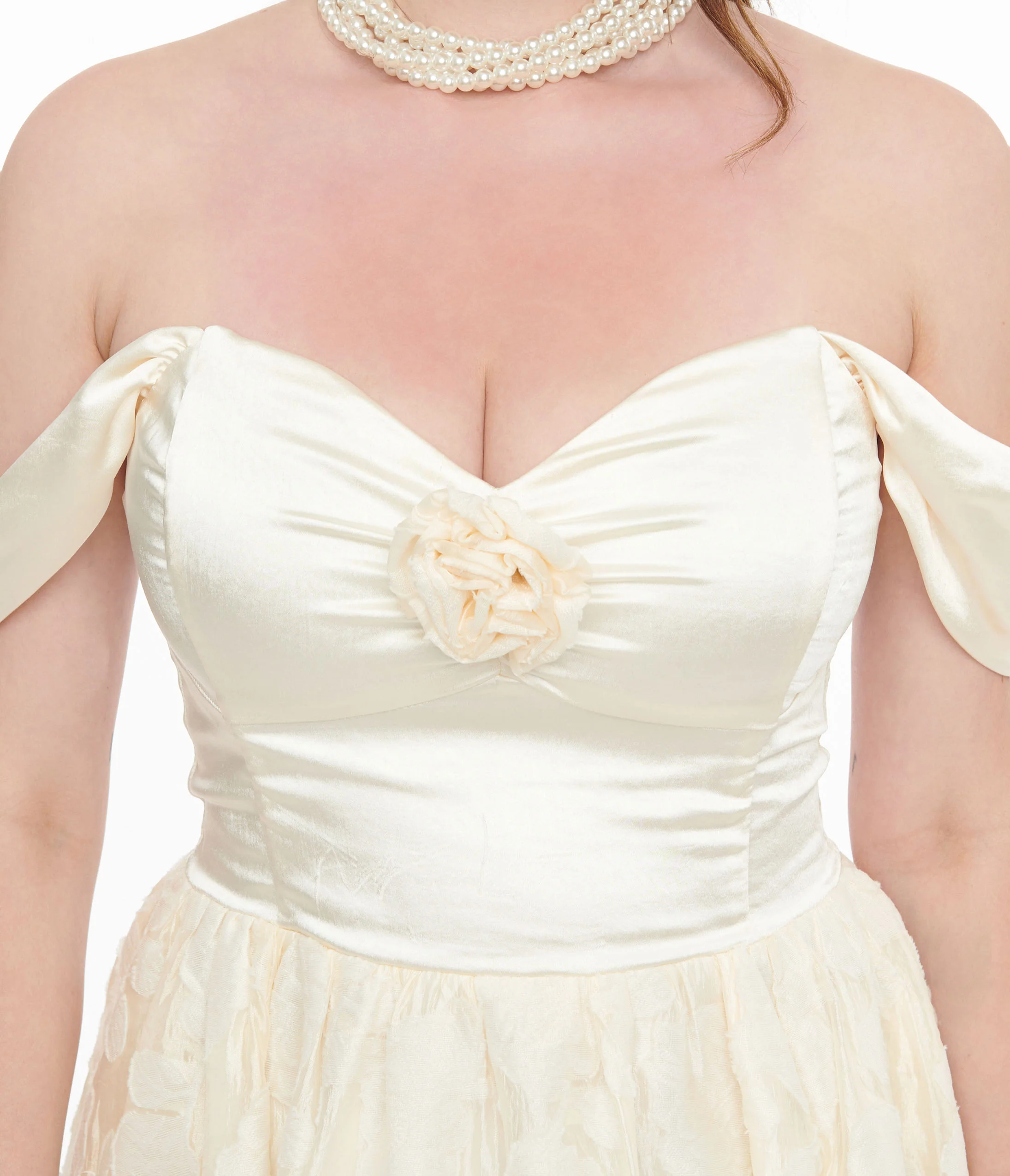 Unique Vintage 1950s Ivory Floral Off Shoulder Flare Dress