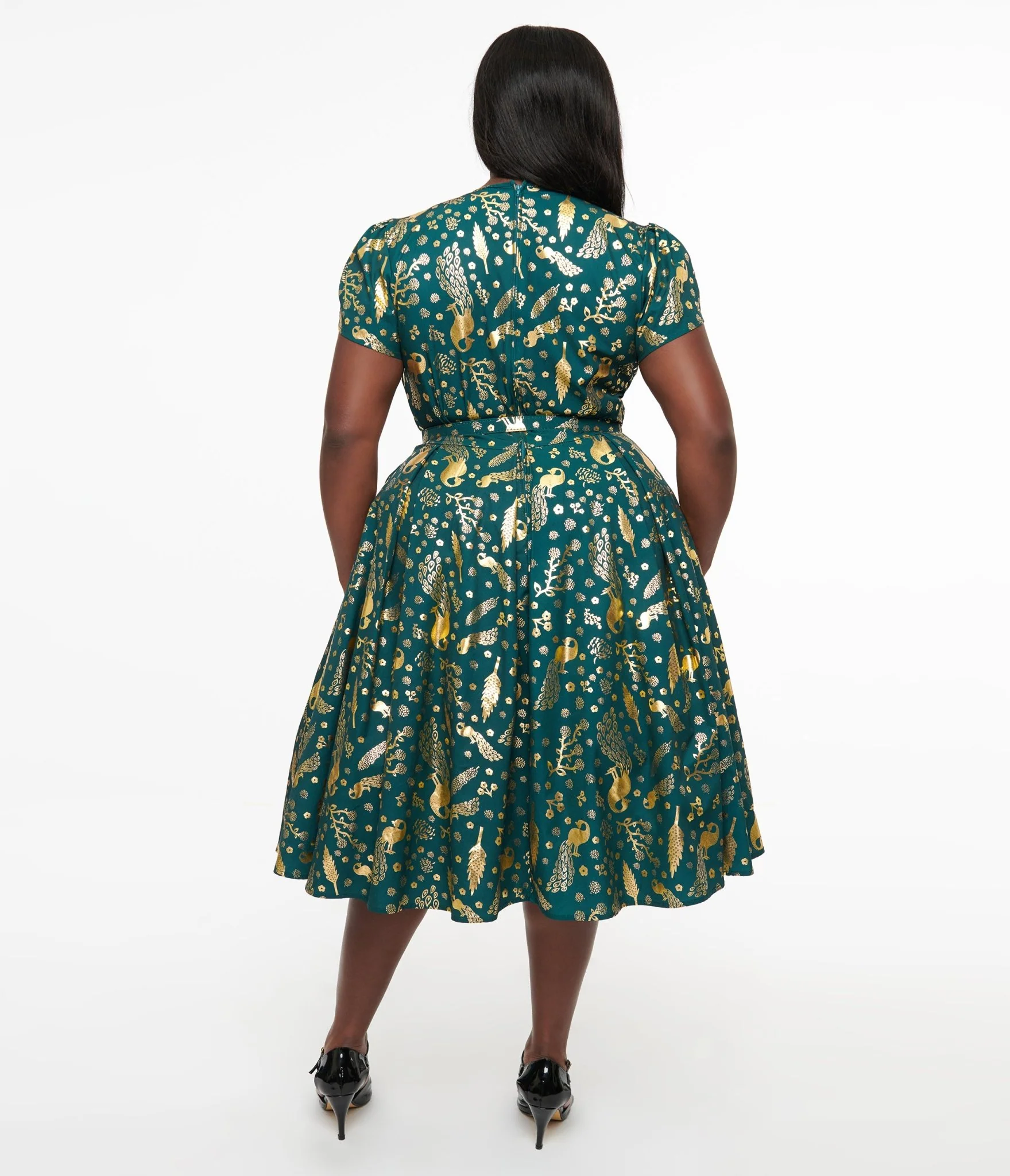 Unique Vintage Plus Size 1940s Green & Gold Peacock Print Dahlia Swing Dress