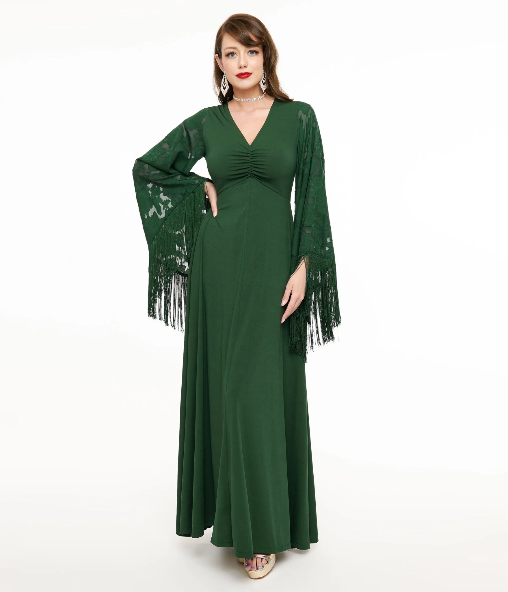 Smak Parlour 1970s Green Fringe Sleeve Maxi Dress