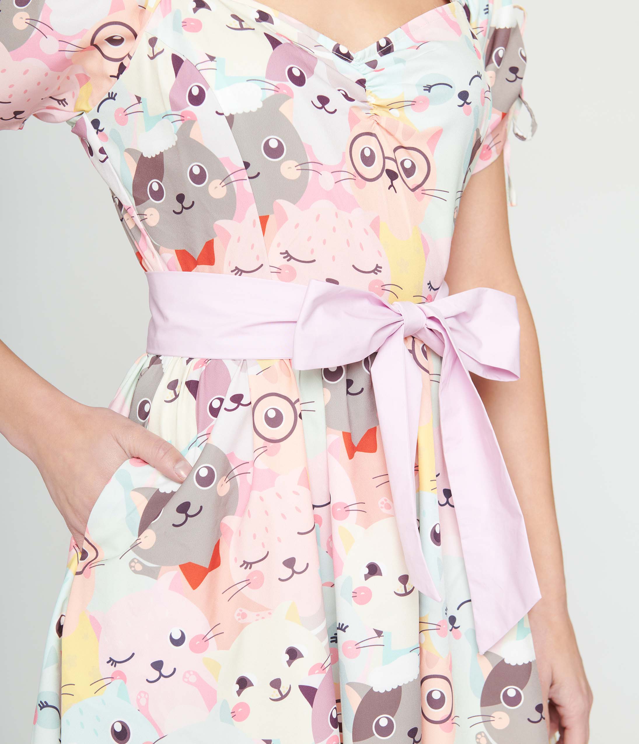 Unique Vintage 1950s Pink & Multicolor Cat Print Dakota Flare Dress