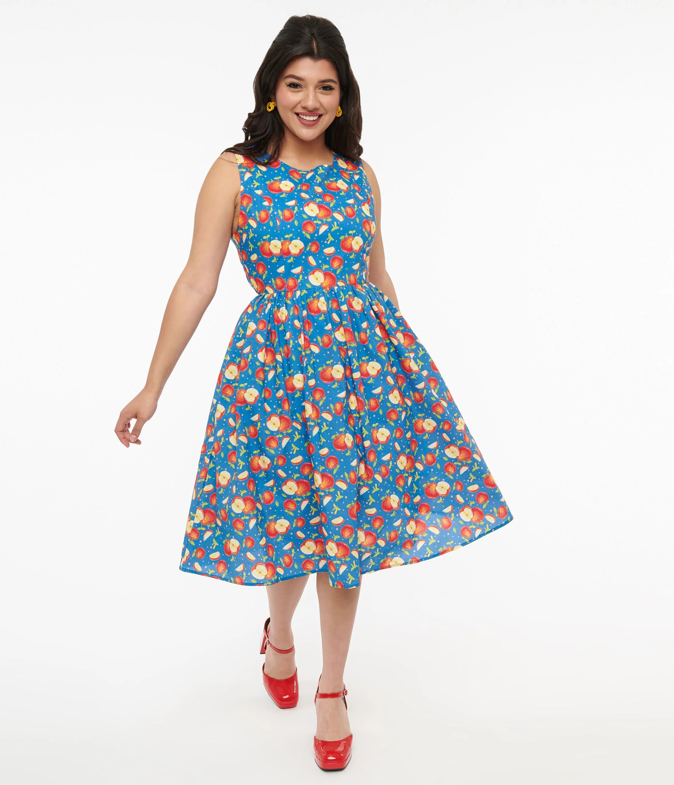 1950s Blue & Red Apple Print Cotton Swing Dress