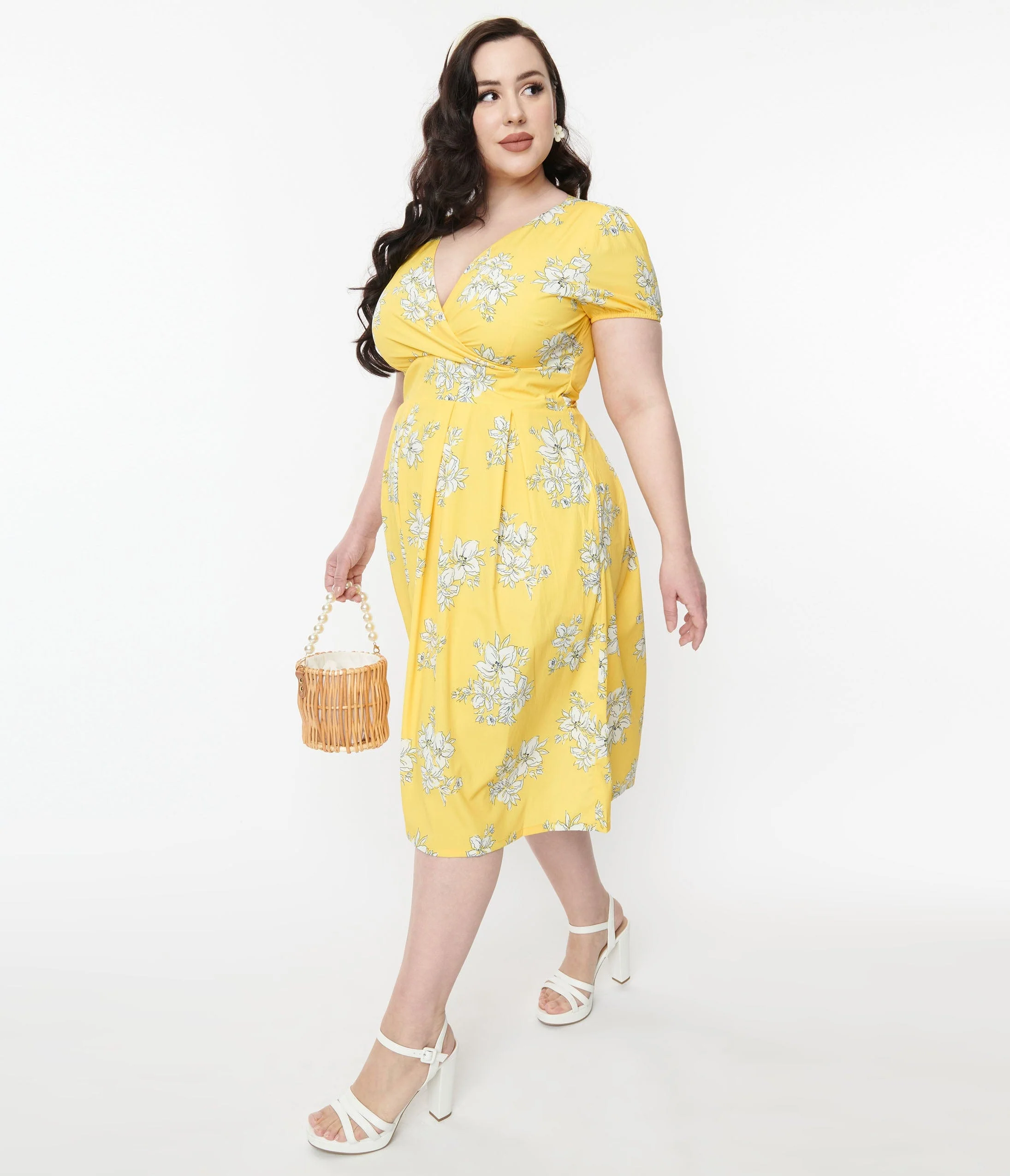Yellow & White Floral Surplice Swing Dress