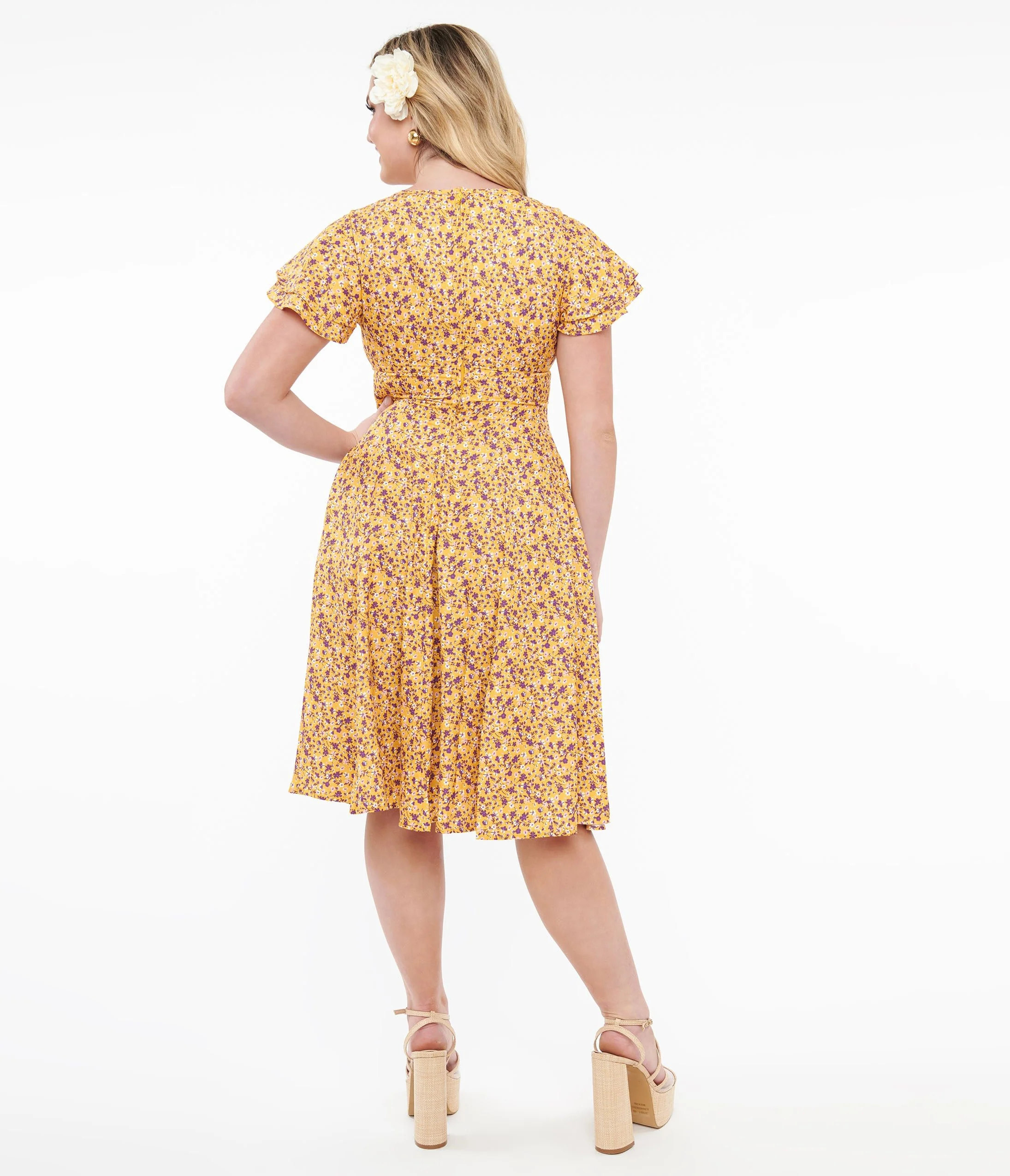 1950s Yellow & Purple Floral Capelet Swing Dress