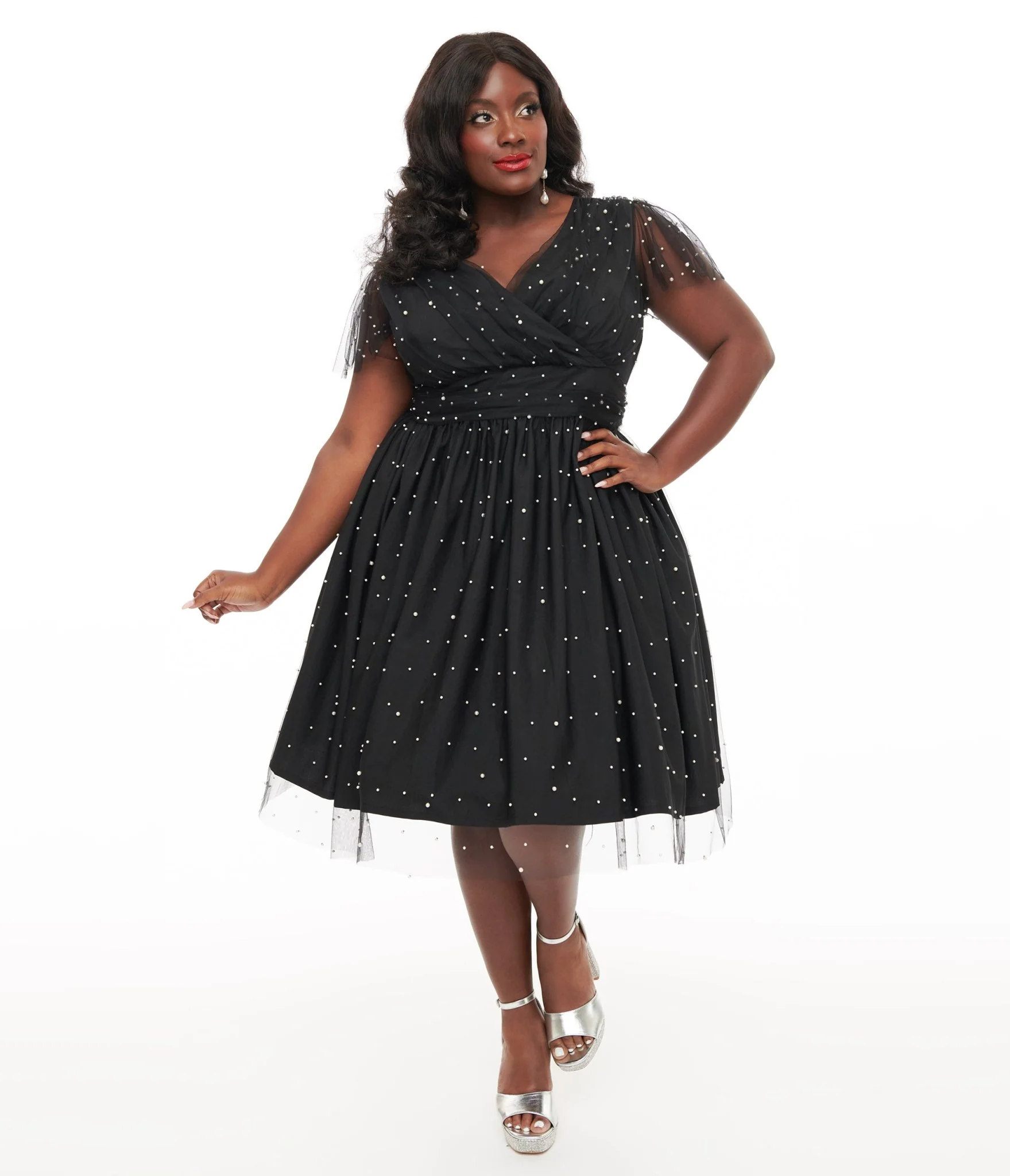 Magnolia Place Plus Size 1950s Black Faux Pearl Swing Dress
