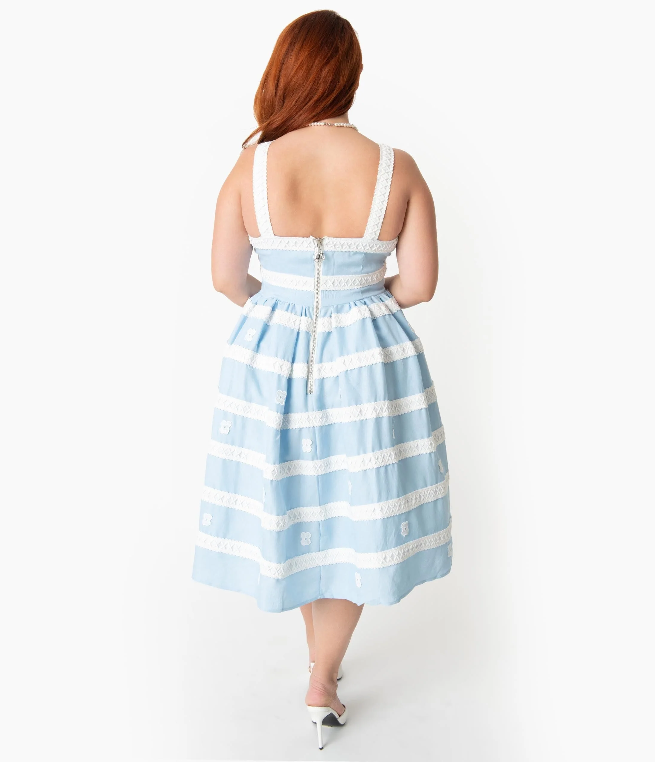Barbie x Unique Vintage Plus Size Blue & White Suburban Shopper Sundress