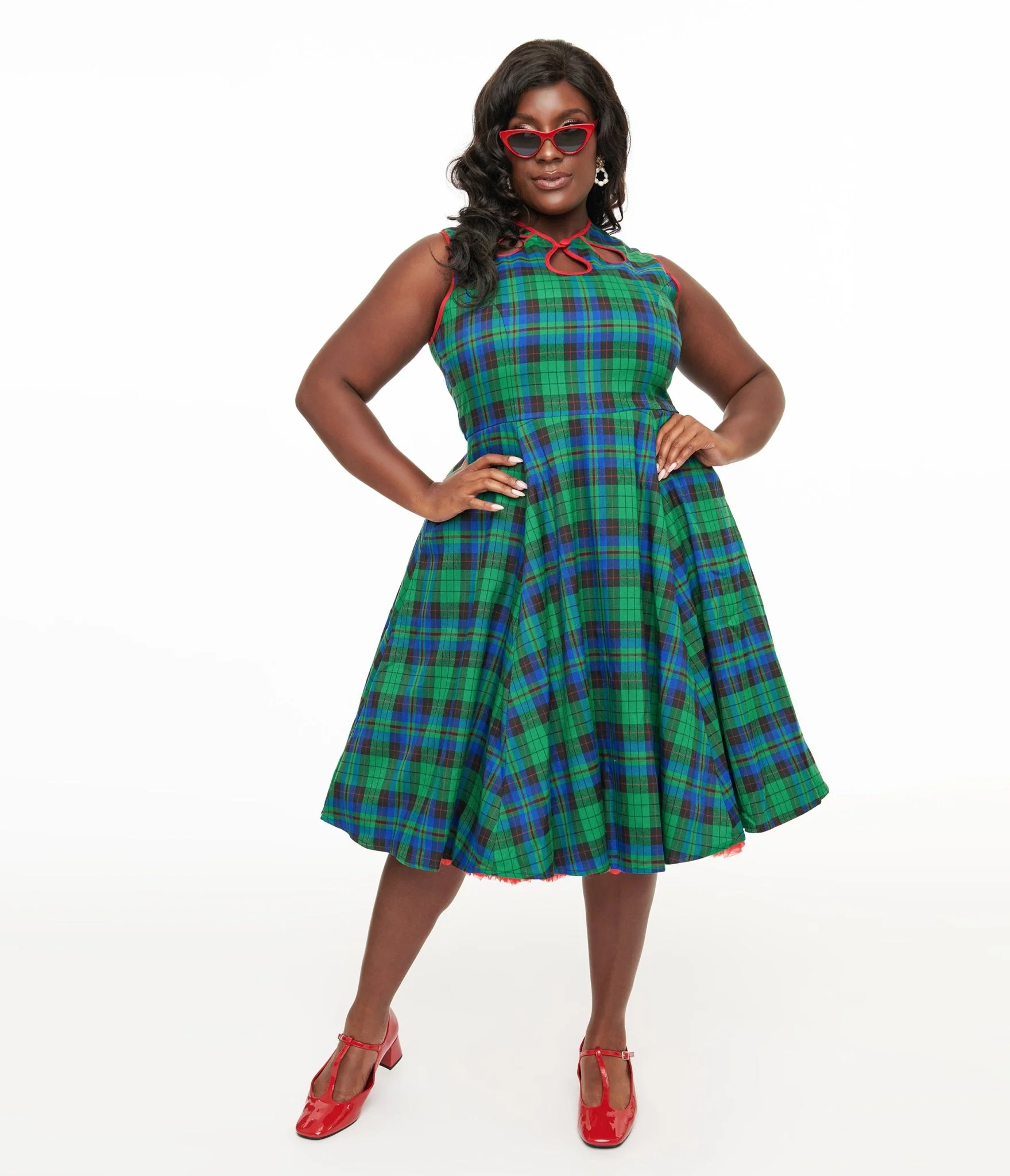 Banned Plus Size 1950s Green & Blue Winter Check Swing Dress