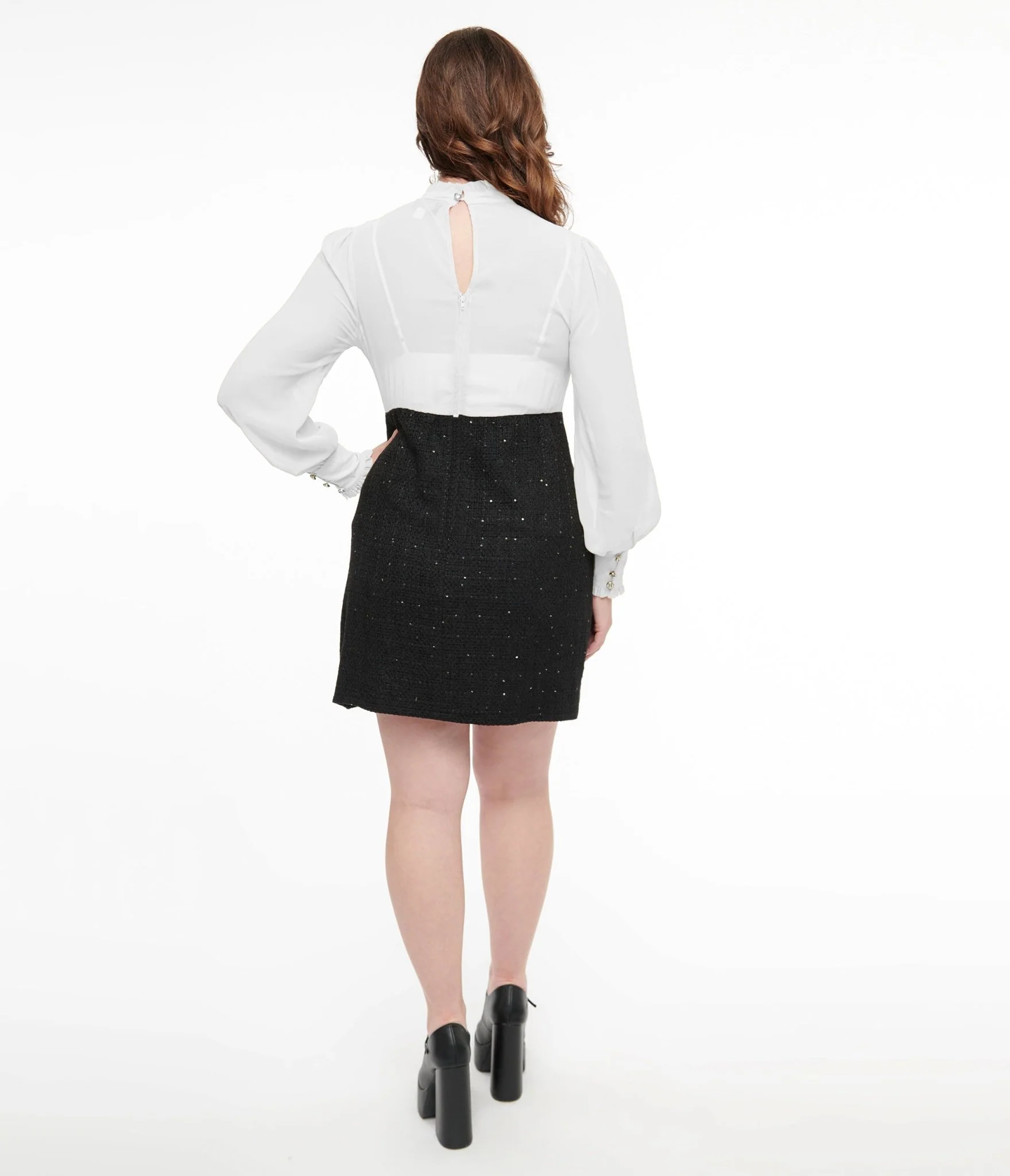 Smak Parlour 1960s Black & White Ruffle Neck A-Line Dress