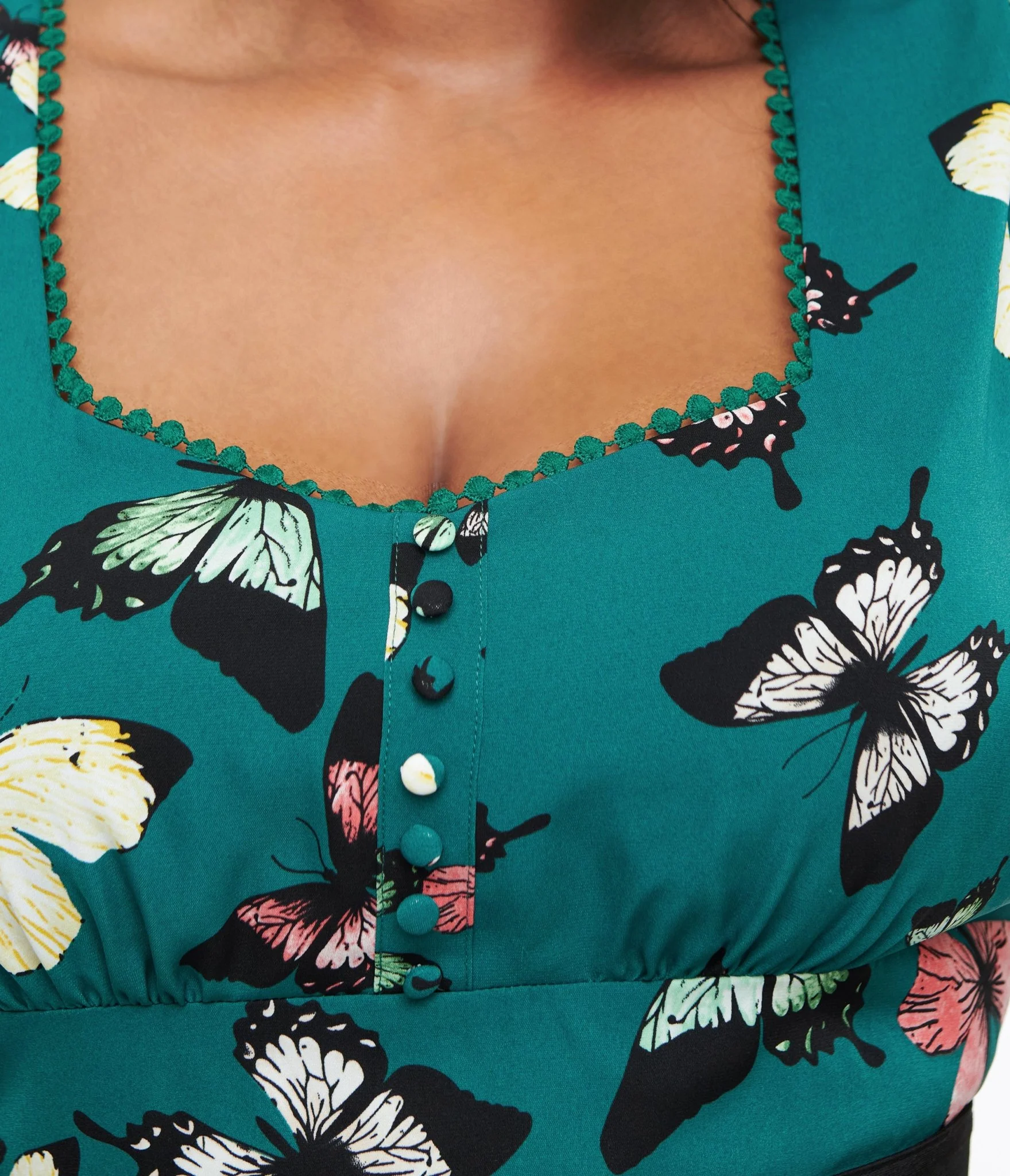 Unique Vintage Plus Size 1940s Green Butterfly Print Midi Dress