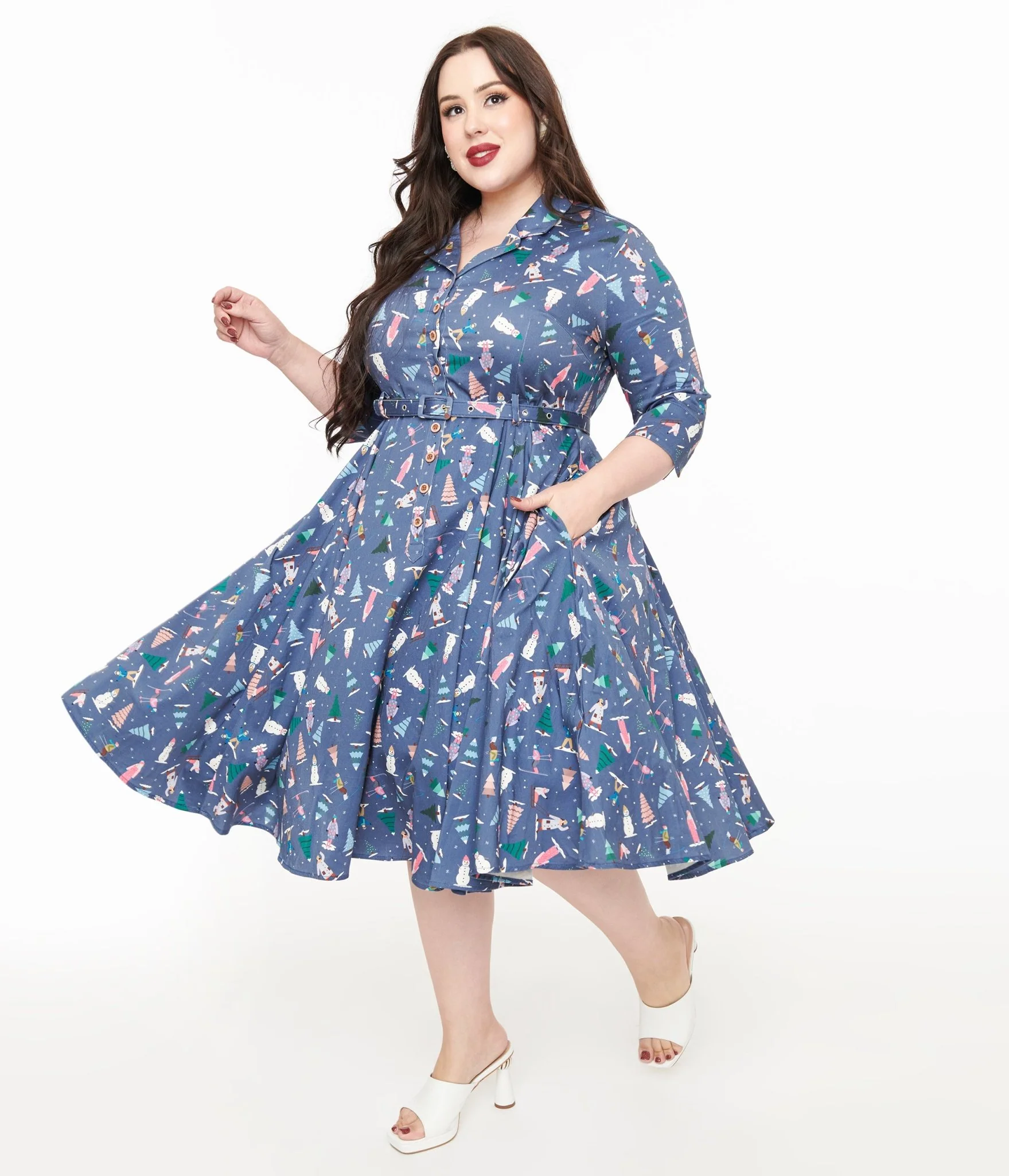 Royal Monk Plus Size 1940s Blue Ski Snow Season Fit & Flare Dress