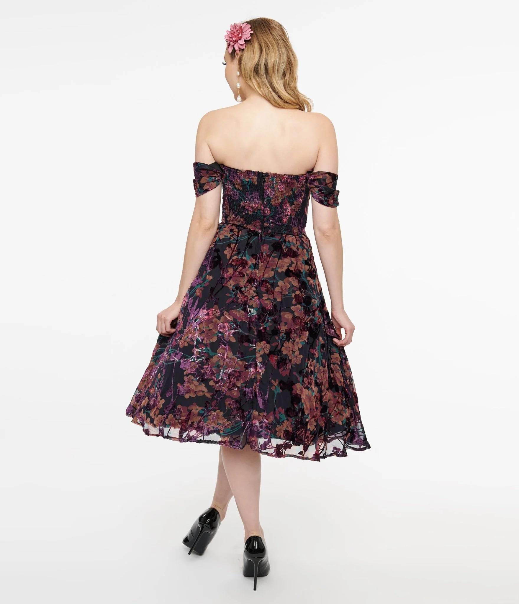 Unique Vintage 1950s Purple Floral Velvet Burnout Off Shoulder Flare Dress