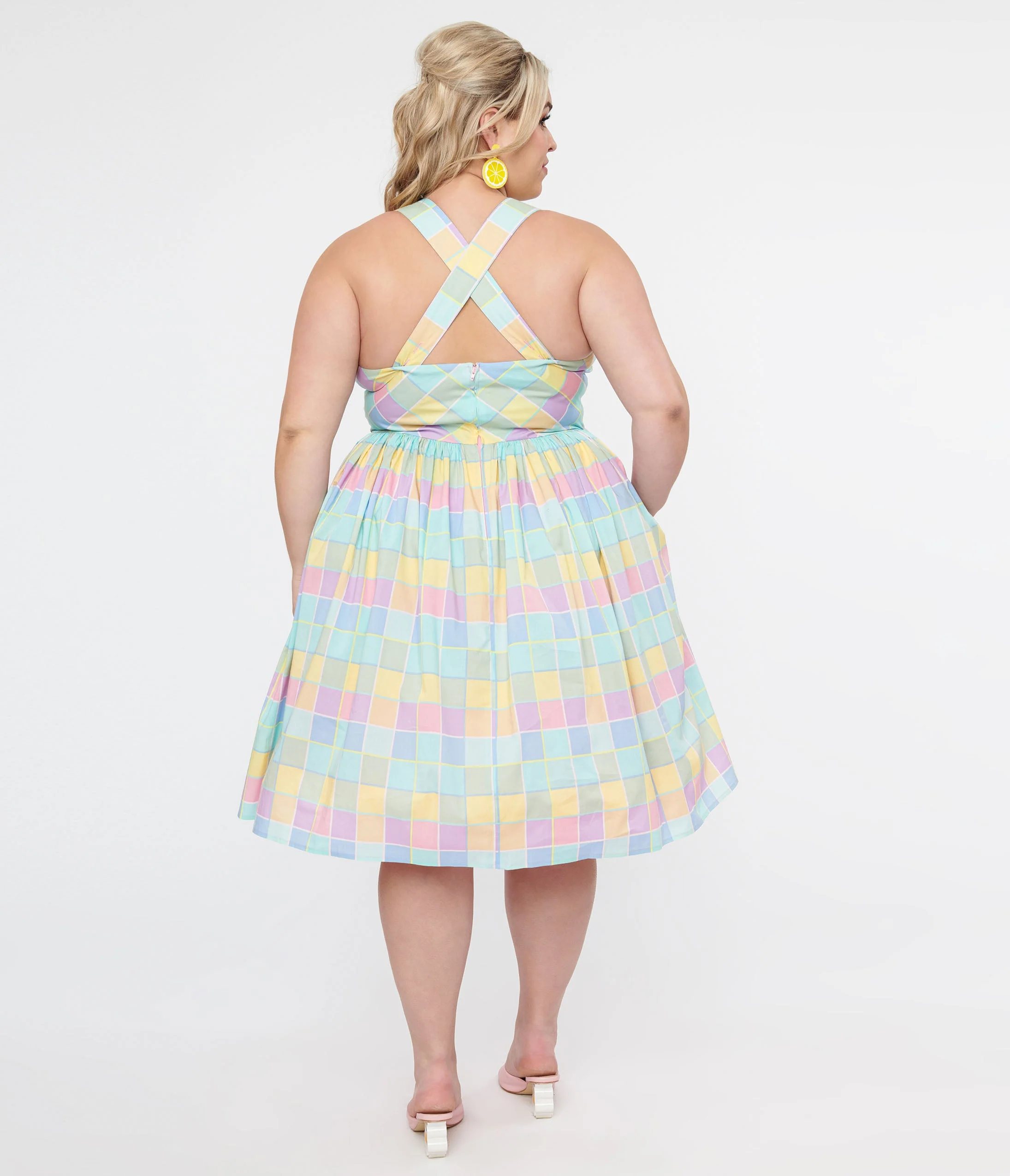 Hell Bunny Plus Size 1950s Pastel Rainbow Check Cotton Swing Dress