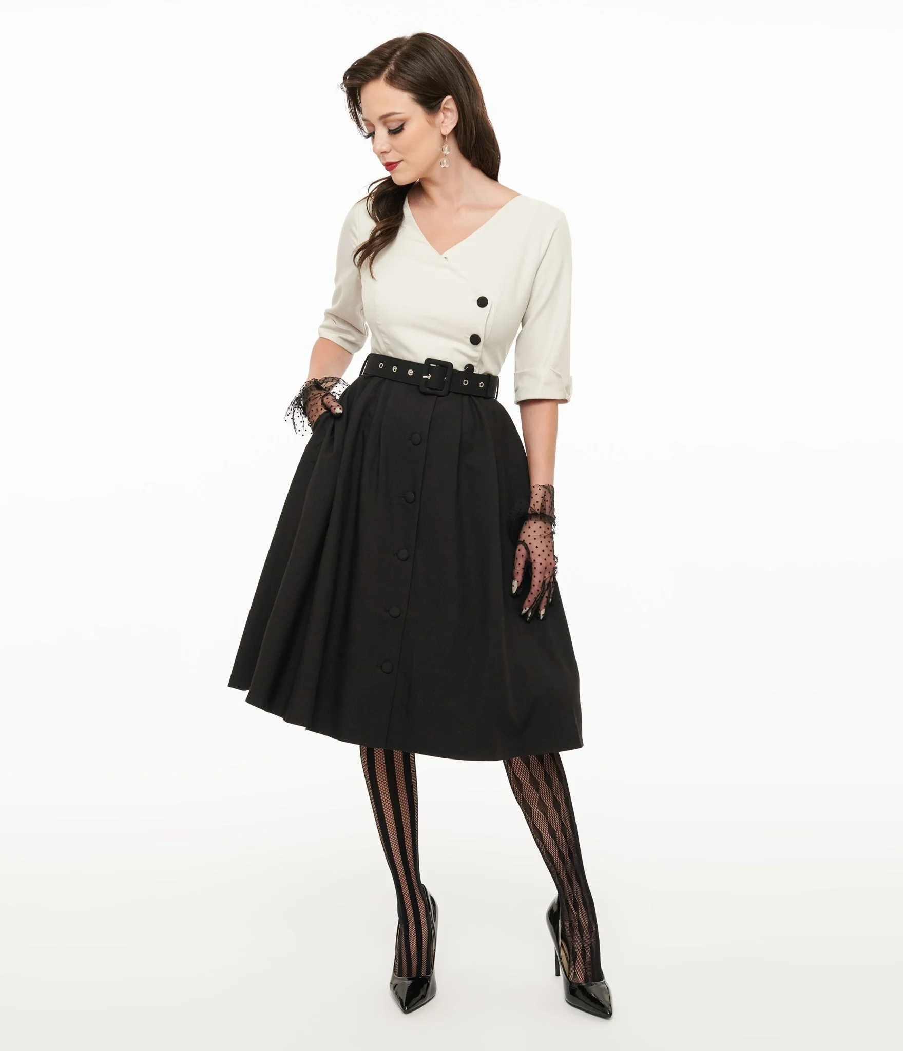 Voodoo Vixen 1950s White & Black Button Swing Dress