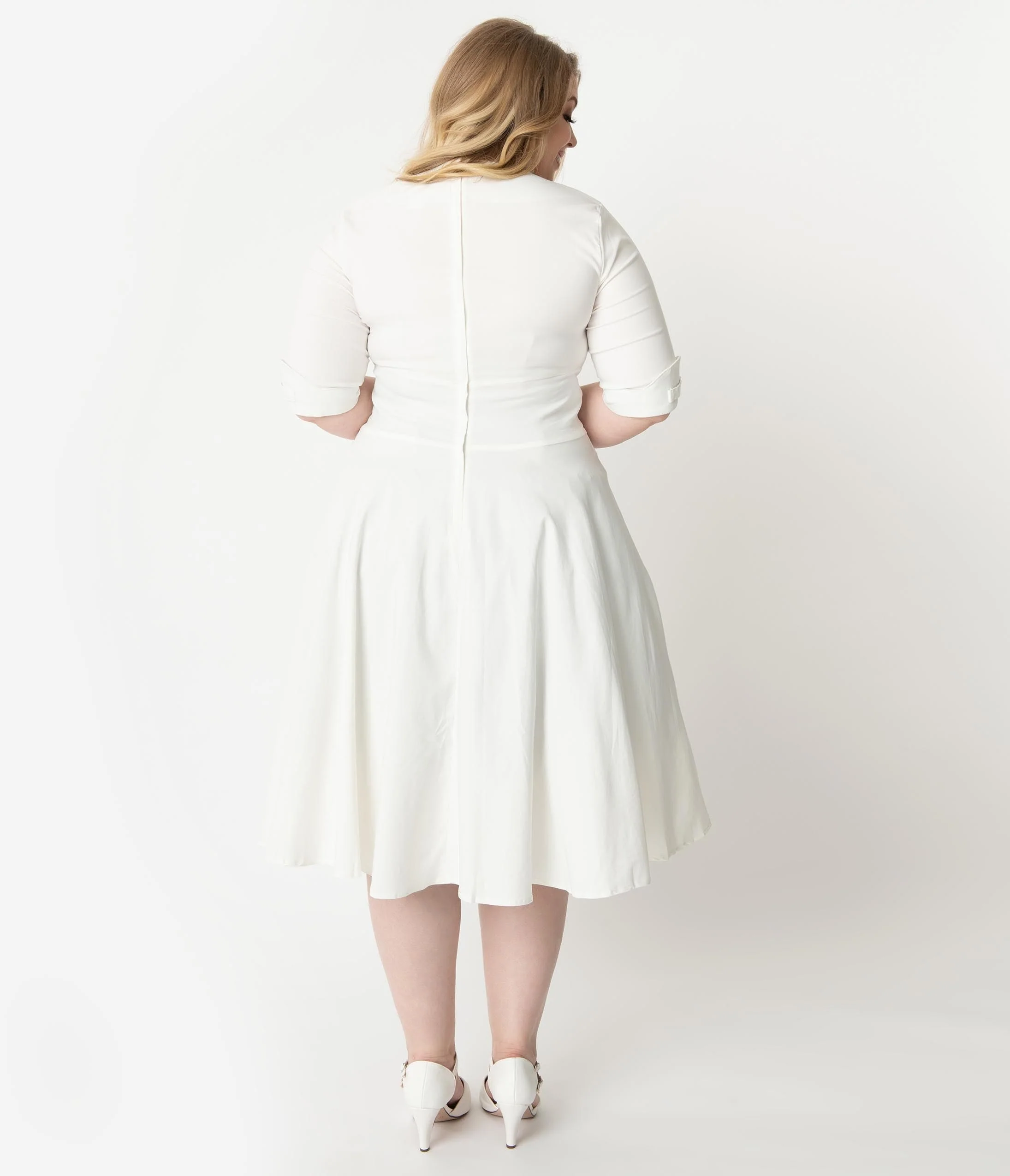 Unique Vintage Plus Size 1950s Ivory Delores Swing Dress with Sleeves