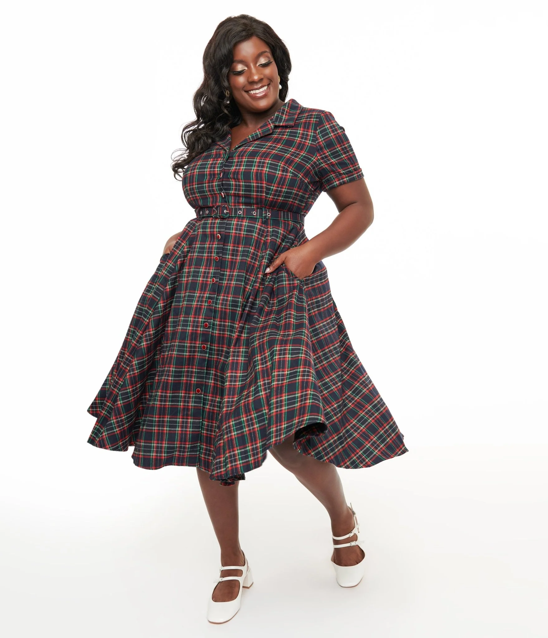 Royal Monk Plus Size 1950s Green & Red Plaid Merry Holidays Swing Dress