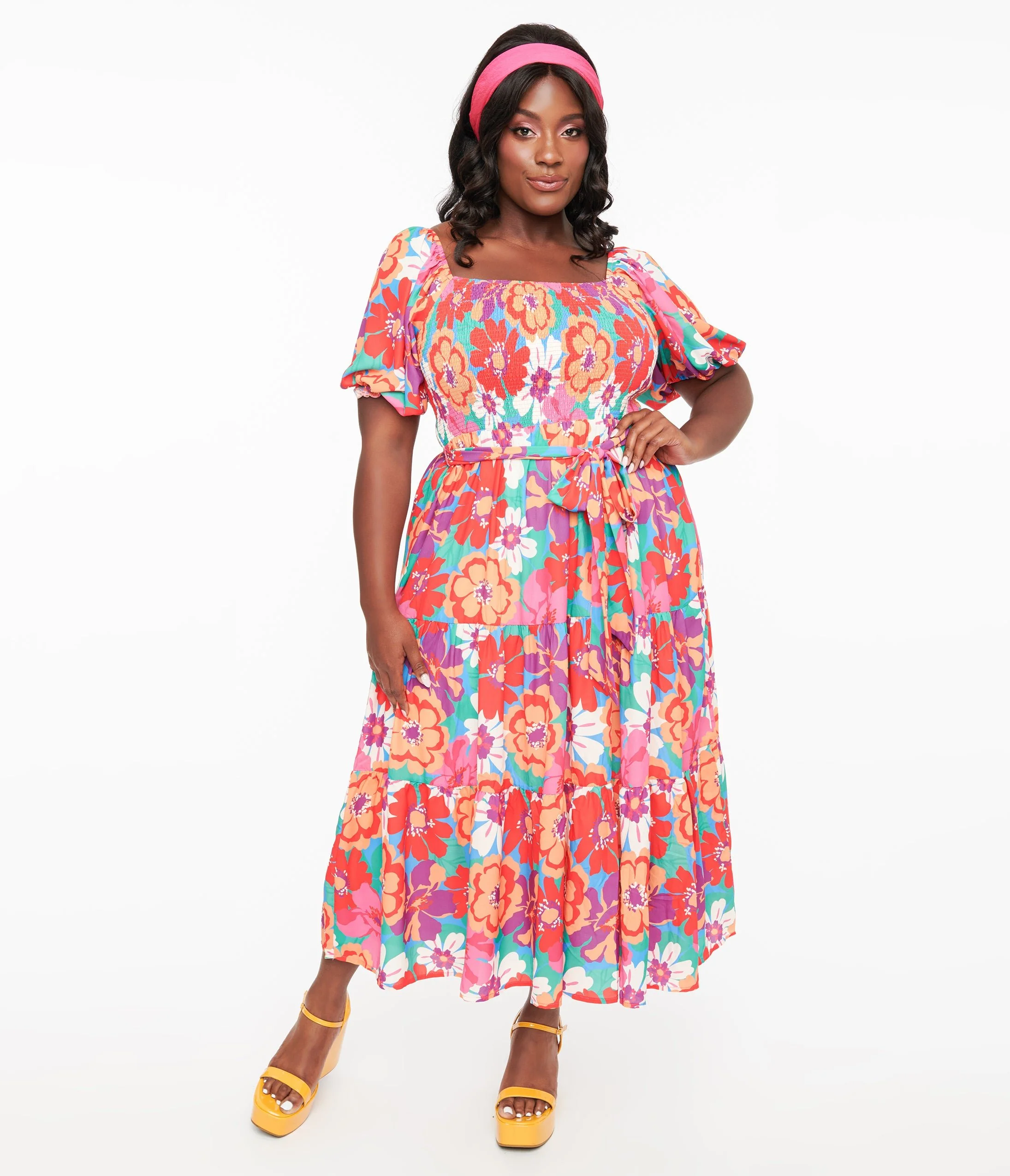 1970s Red & Pink Abstract Floral Midi Dress