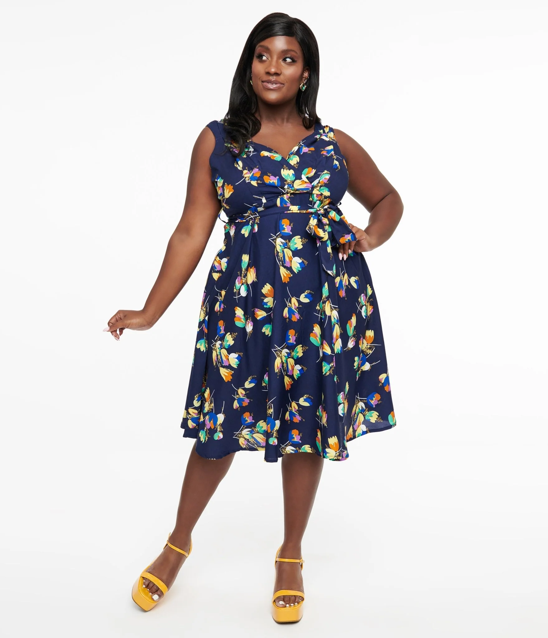 Plus Size 1950s Navy Floral Print Swing Dress