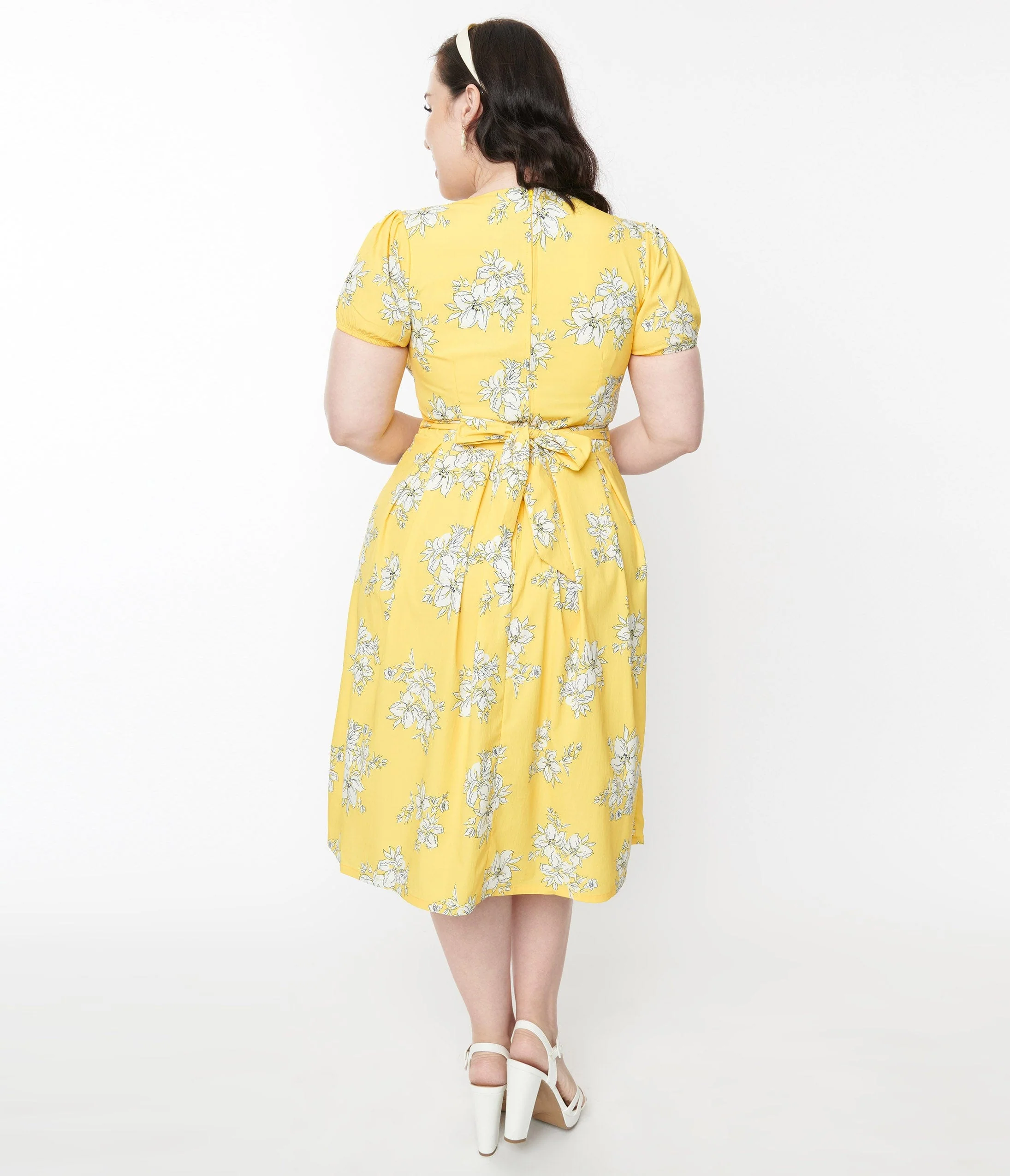 Yellow & White Floral Surplice Swing Dress