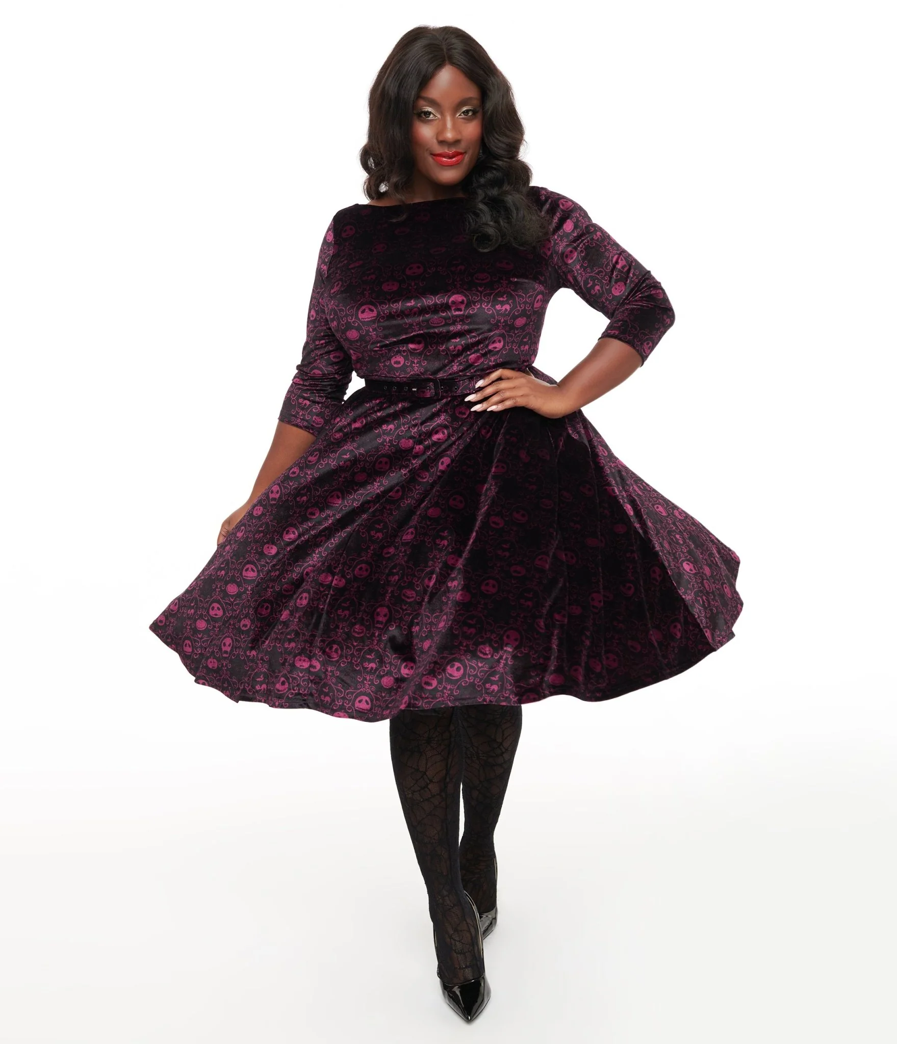 Disney The Nightmare Before Christmas collection by Unique Vintage Plus Size Eggplant Baroque Jack Skellington Devon Swing Dress