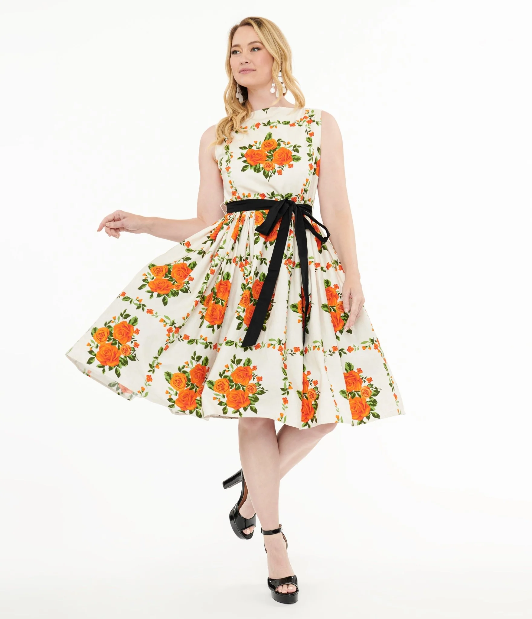 Unique Vintage 1950s Orange Fall Floral Sleeveless Swing Dress