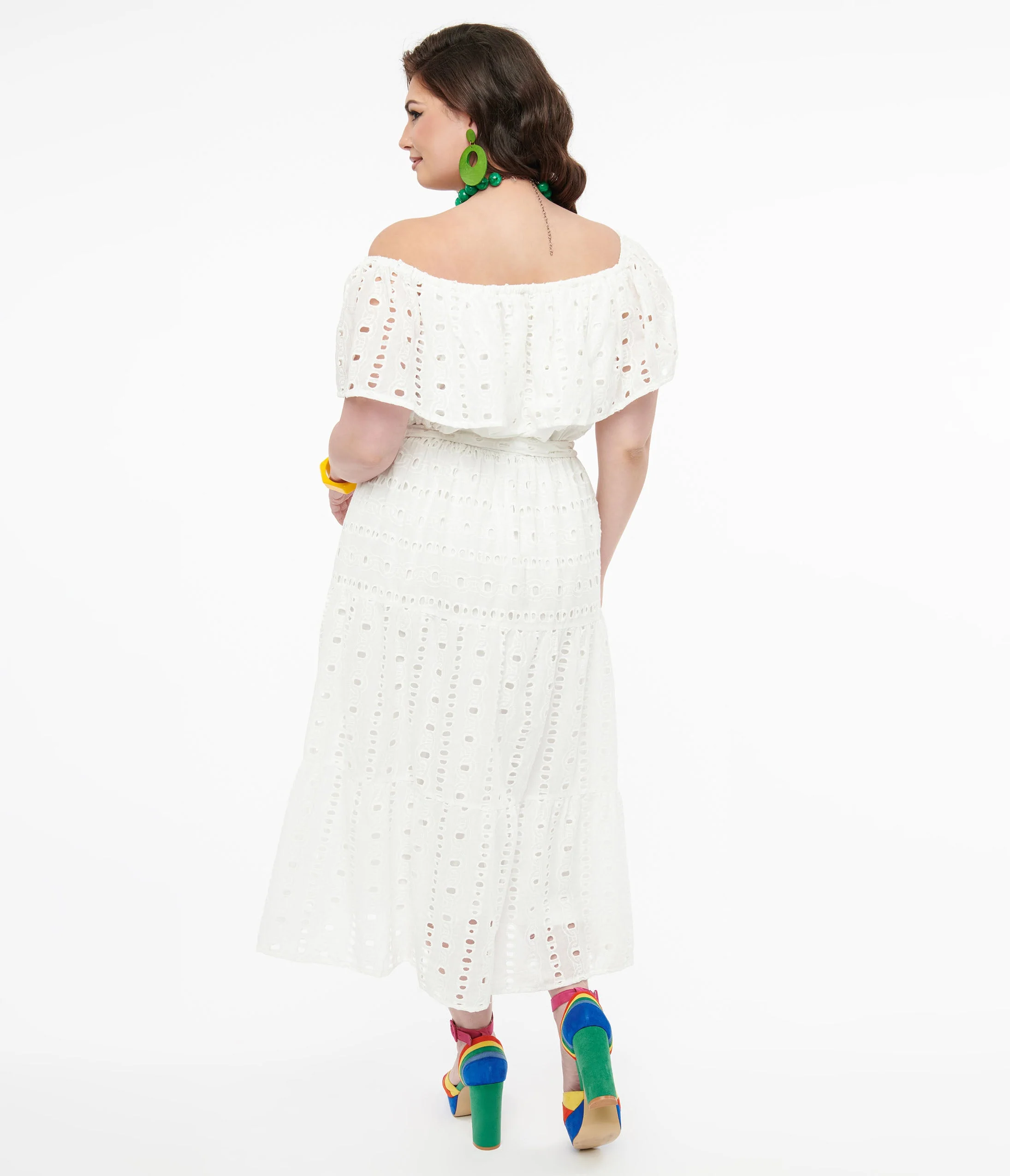 1970s White Eyelet Cotton Off The Shoulder Midi Dress