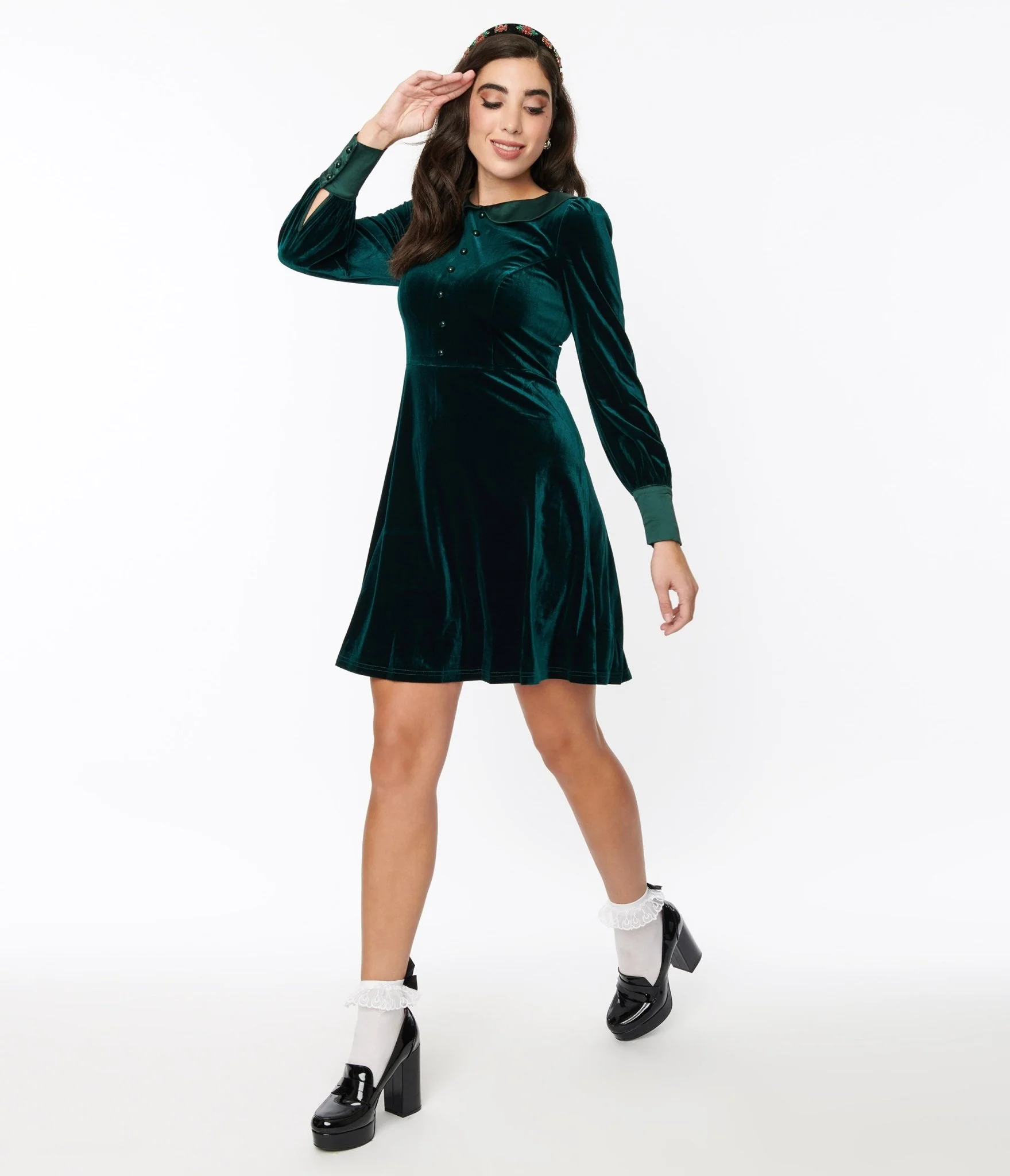 Voodoo Vixen Emerald Green Velvet Satin Fit & Flare Dress