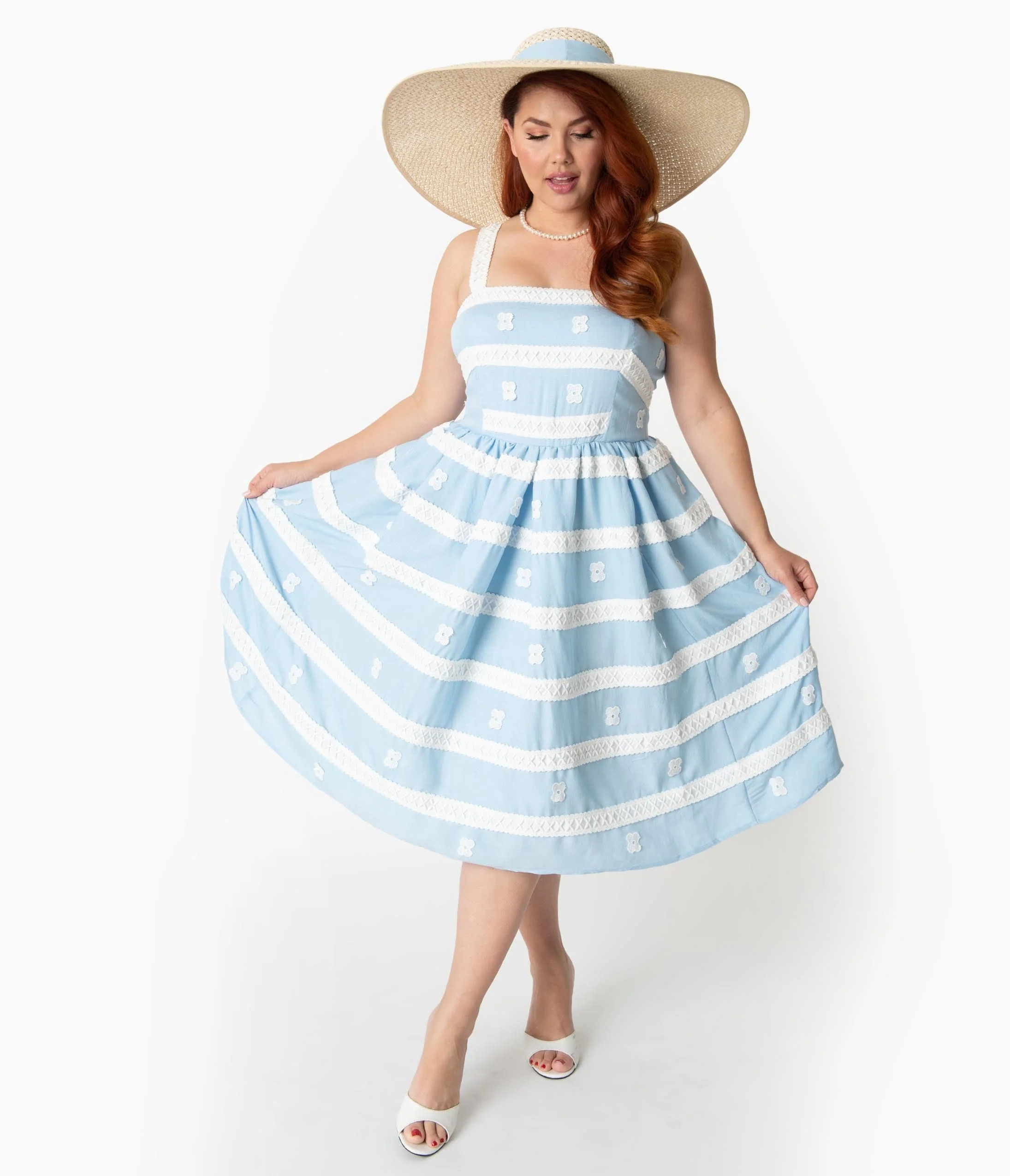 Barbie x Unique Vintage Plus Size Blue & White Suburban Shopper Sundress