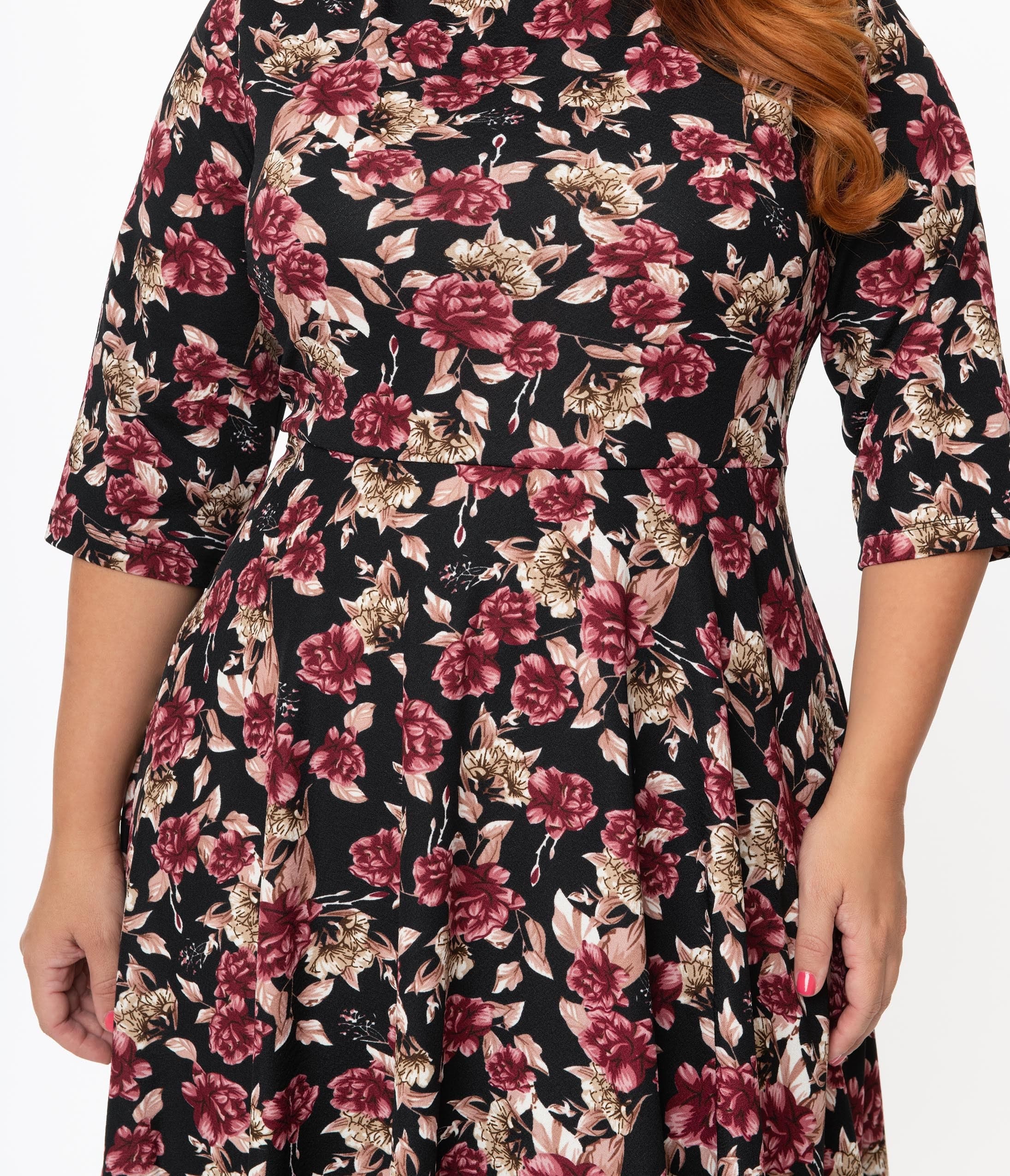 Unique Vintage Plus Size Black & Burgundy Floral Nicole Swing Dress