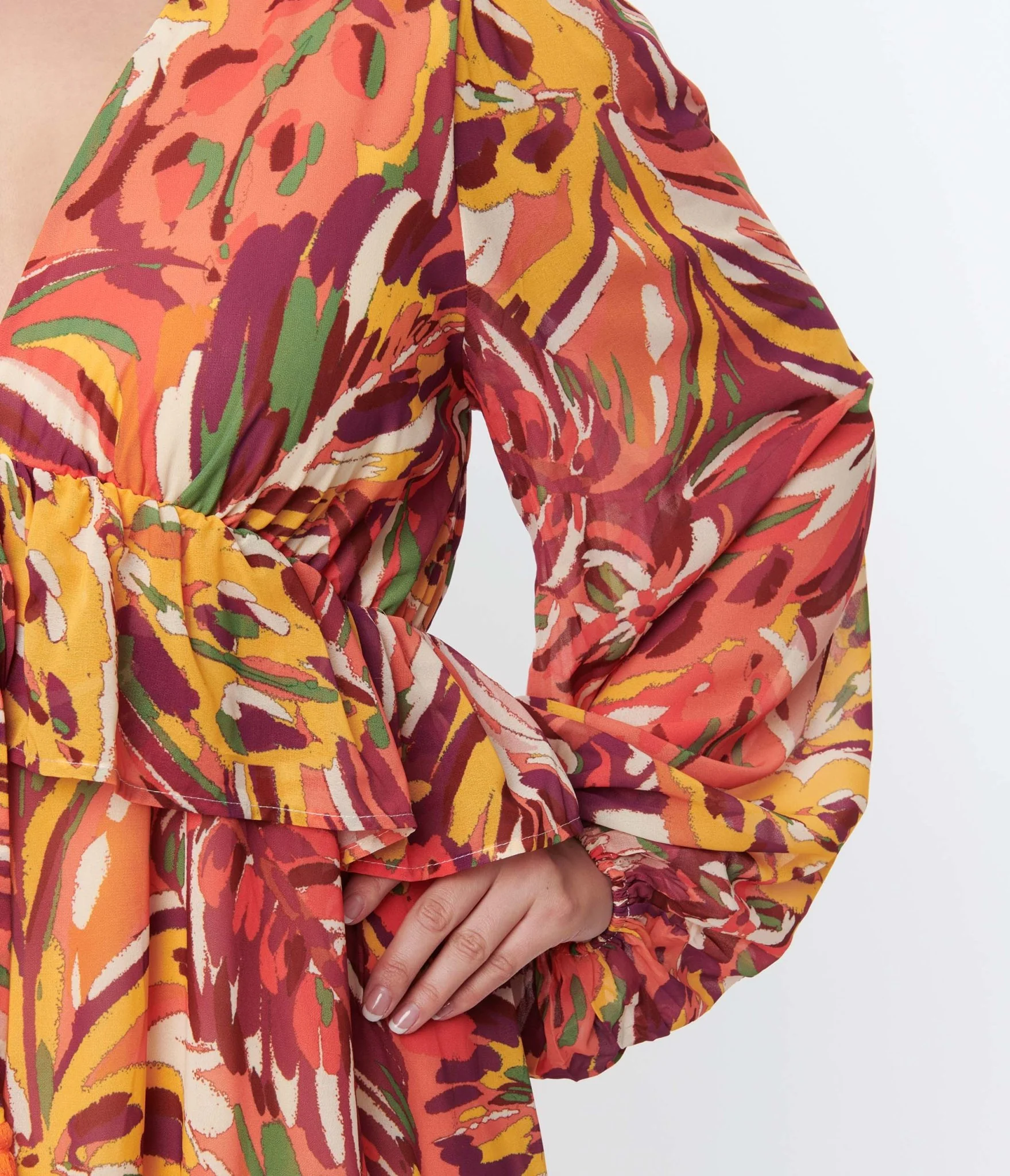 1970s Orange & Multicolor Leaf Maxi Dress