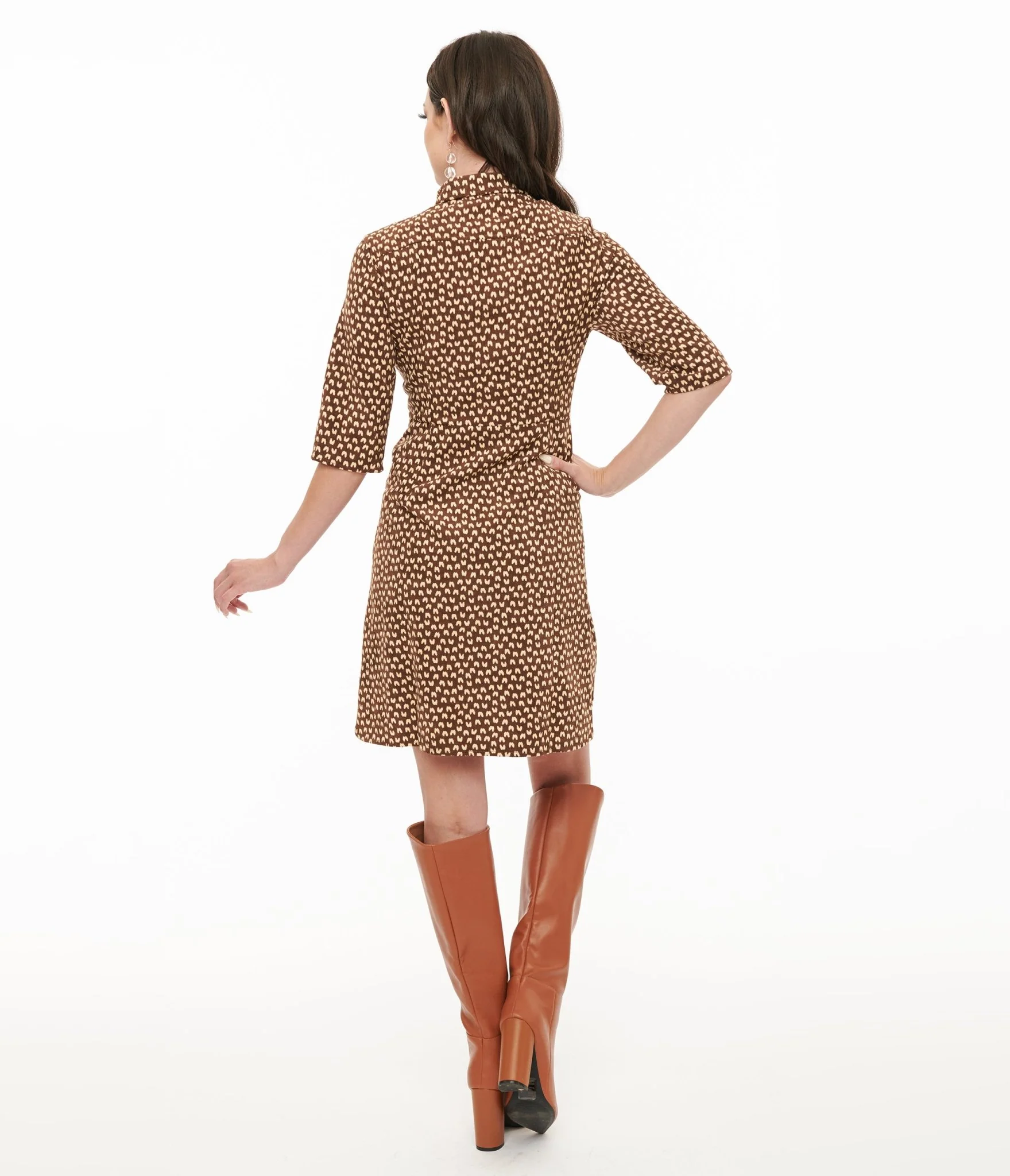 Brown Corduroy Heart Print Button Up Mini Dress