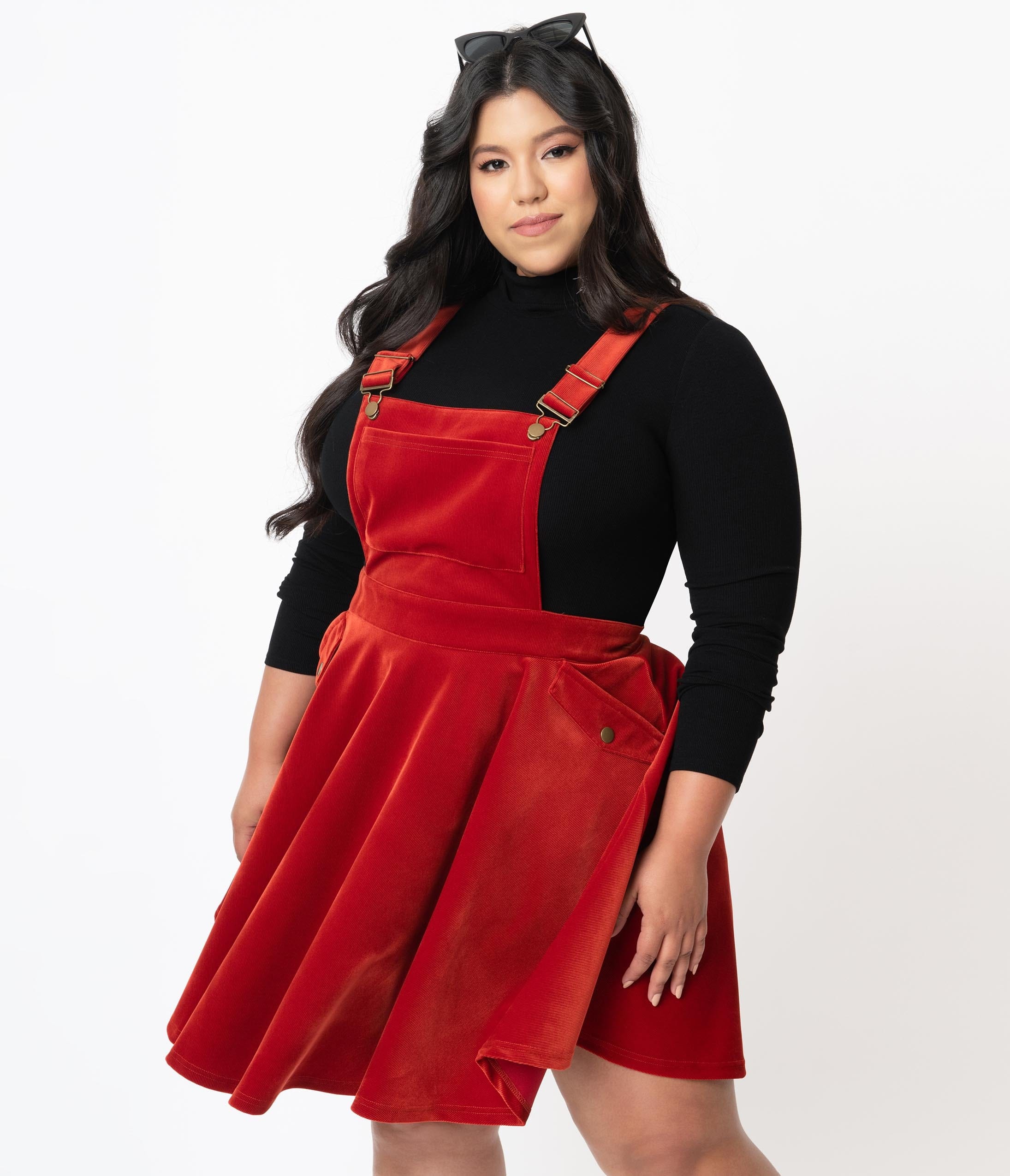 Unique Vintage Plus Size 1960s Burnt Orange Corduroy Brionne Pinafore Skirt